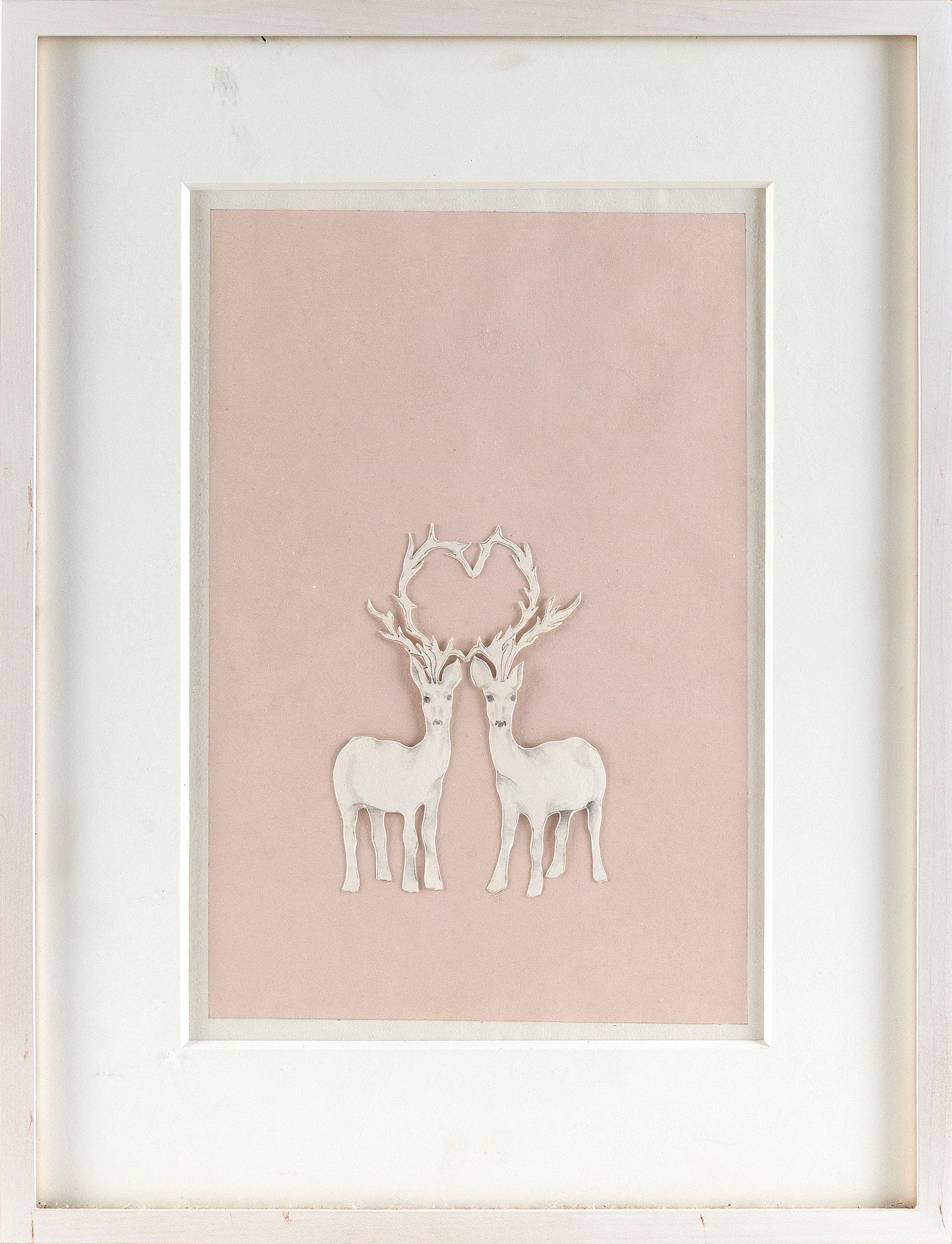 PAPER COLLAGE DEPICTING TWO LOVING DEER Contemporary Affixed to painted paper, 11.5" x 7.5" sight.: PAPER COLLAGE DEPICTING TWO LOVING DEER Contemporary Their interlocking antlers create a heart. Affixed to painted paper, 11.5" x 7.5" sight. Framed 16.75" x 12.75".