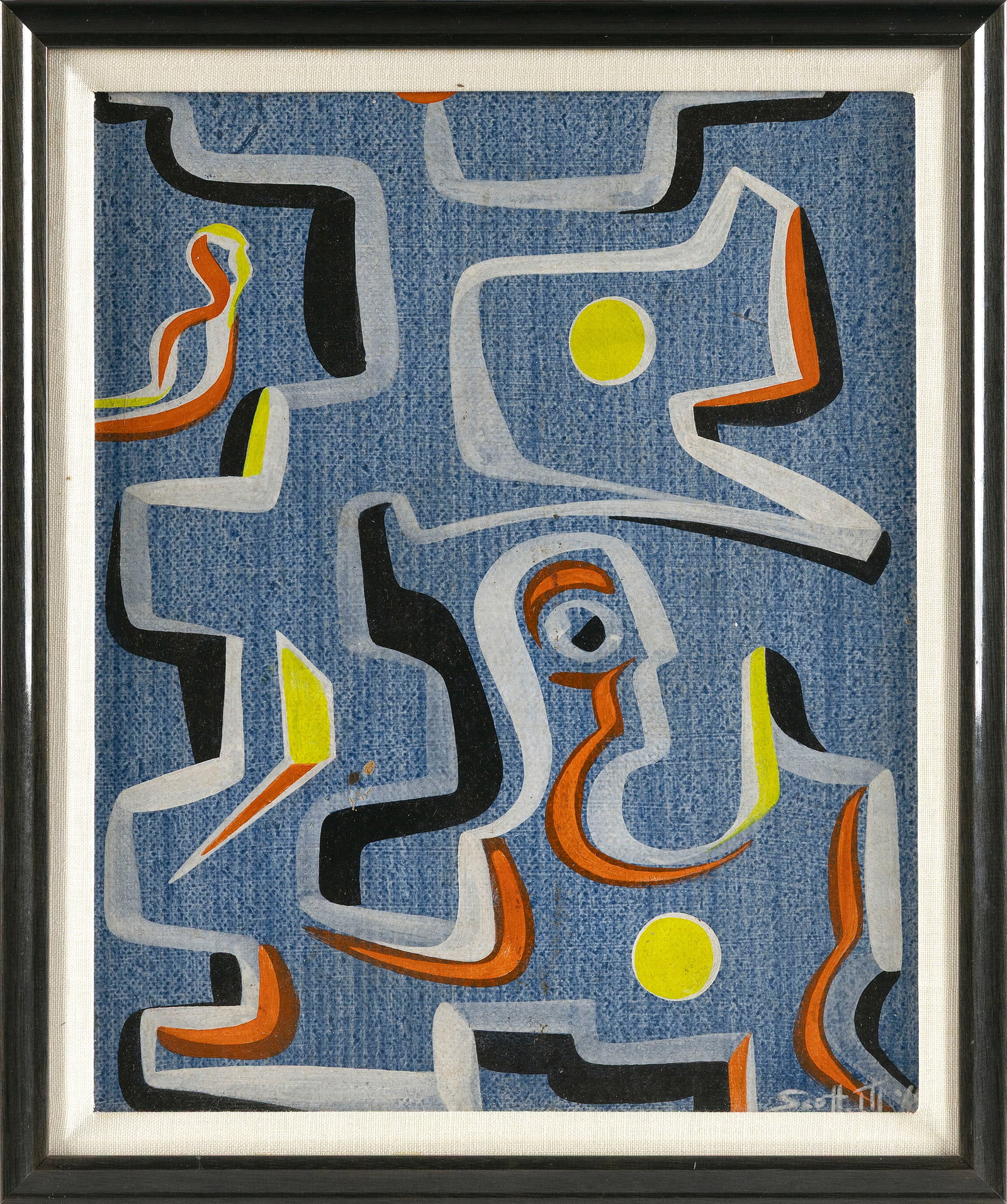 ABSTRACT SCHOOL (20th Century,), Abstract in orange, yellow, black and white on blue., Oil on board, (1 of 2)