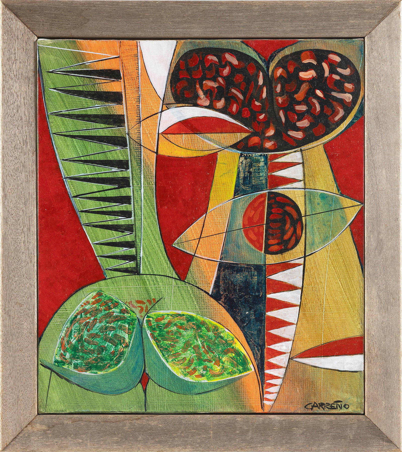 CUBIST SCHOOL (20th Century,), Brightly colored still life., Oil on canvas, 13.5" x 12". Framed: CUBIST SCHOOL 20th Century Brightly colored still life. Signed lower right "Carreno". Possibly the work of Mario Carreno y Morales. Oil on canvas, 13.5" x 12". Framed 16.5" x 14.5".