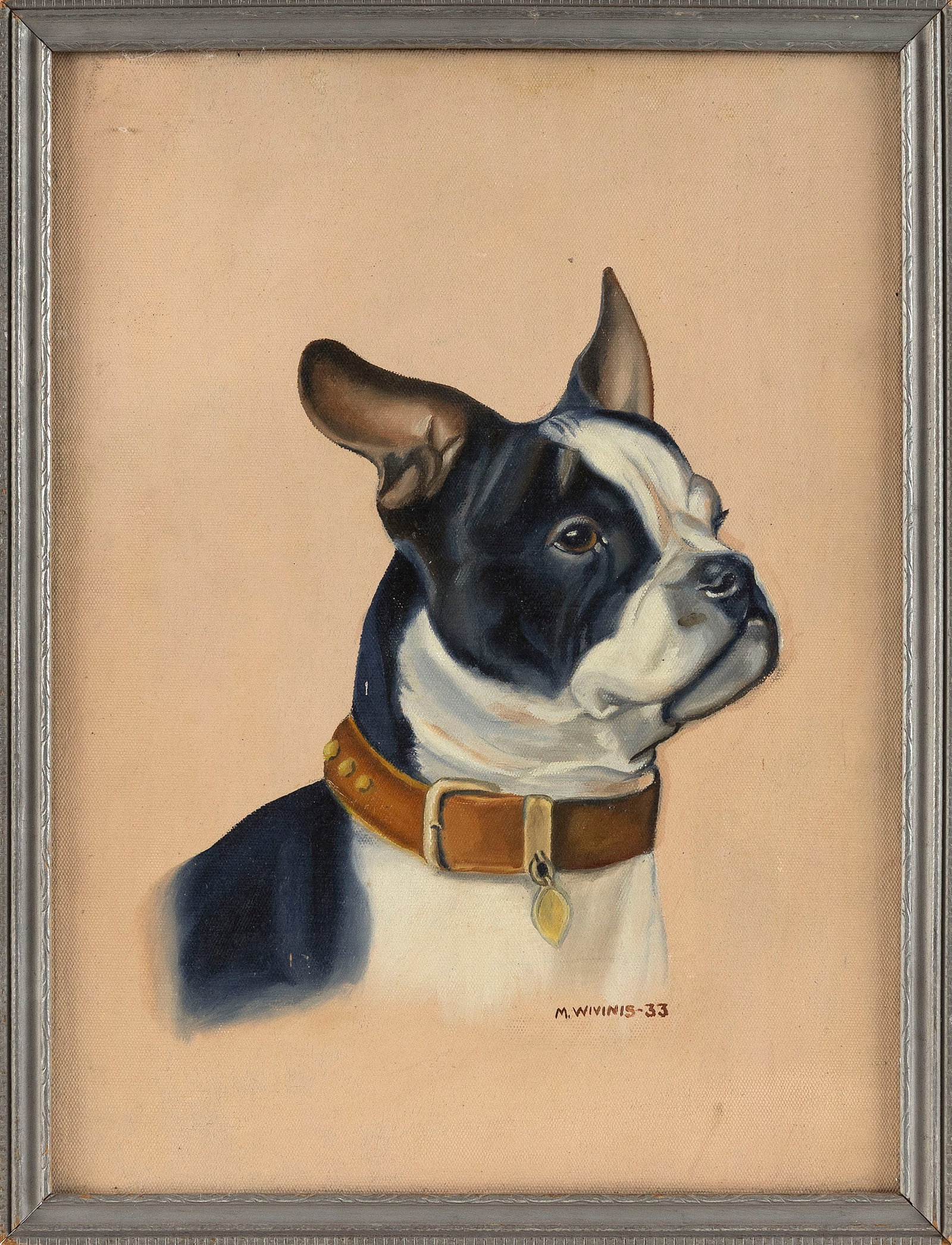 AMERICAN SCHOOL (Early 20th Century,), Portrait of a Boston Terrier., Oil on board, 16" x 12".: AMERICAN SCHOOL Early 20th Century Portrait of a Boston Terrier. Signed and dated lower right "M. Wivinis '33" (artist untraced). Oil on board, 16" x 12". Framed 17.5" x 13.5".