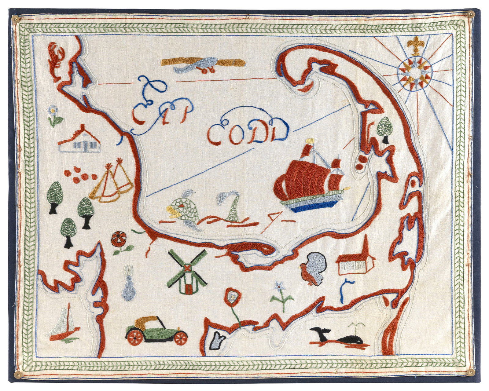 CREWEL EMBROIDERED MAP OF CAPE COD Circa 1930 Framed 28" x 36". (1 of 2)