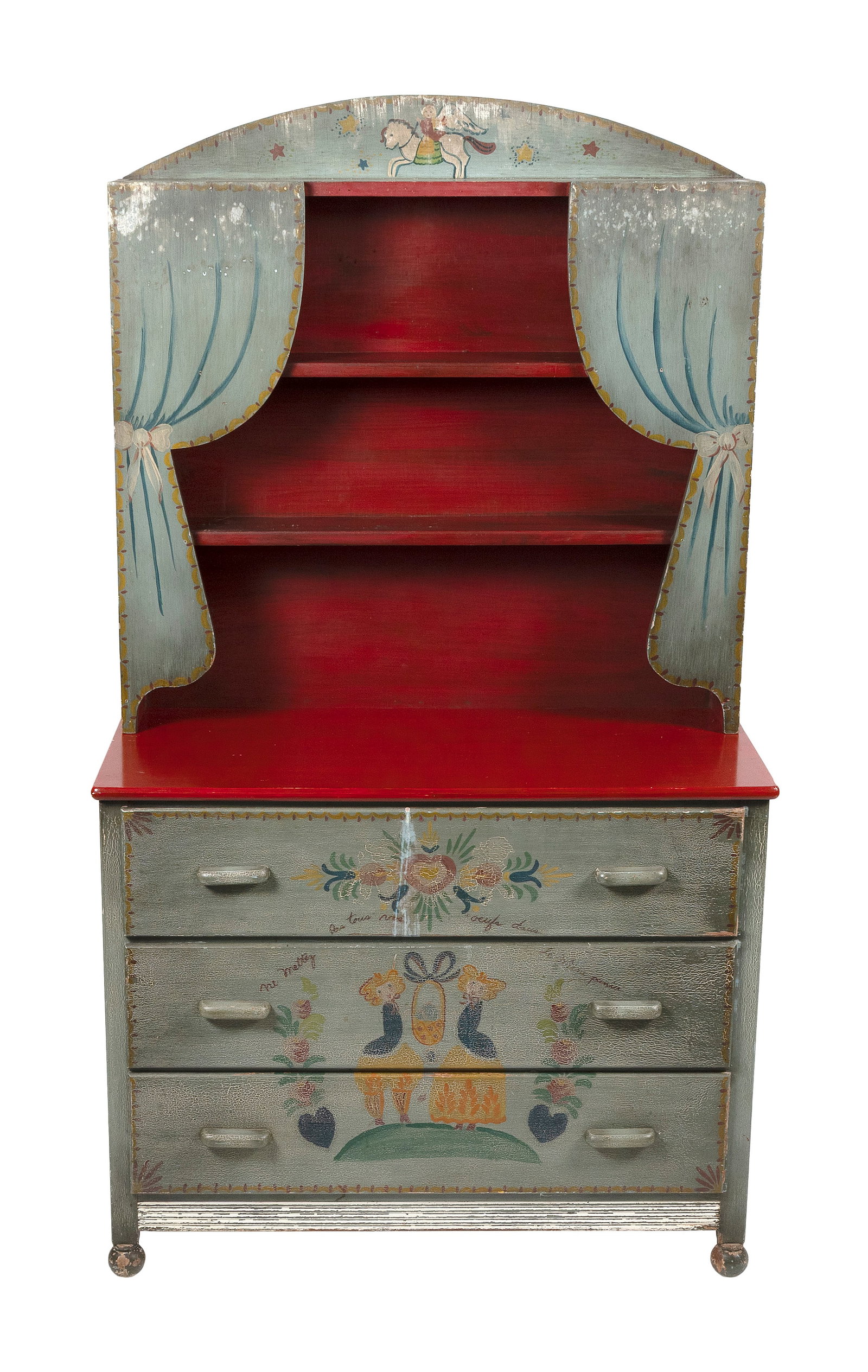 PETER HUNT (Massachusetts, 1896-1967), Pine step-back cupboard with painted figural decoration.,: PETER HUNT Massachusetts, 1896-1967 Pine step-back cupboard with painted figural decoration. Upper case with faux curtains and two shelves. Lower case with three full-width drawers. Height 66.5". Widt