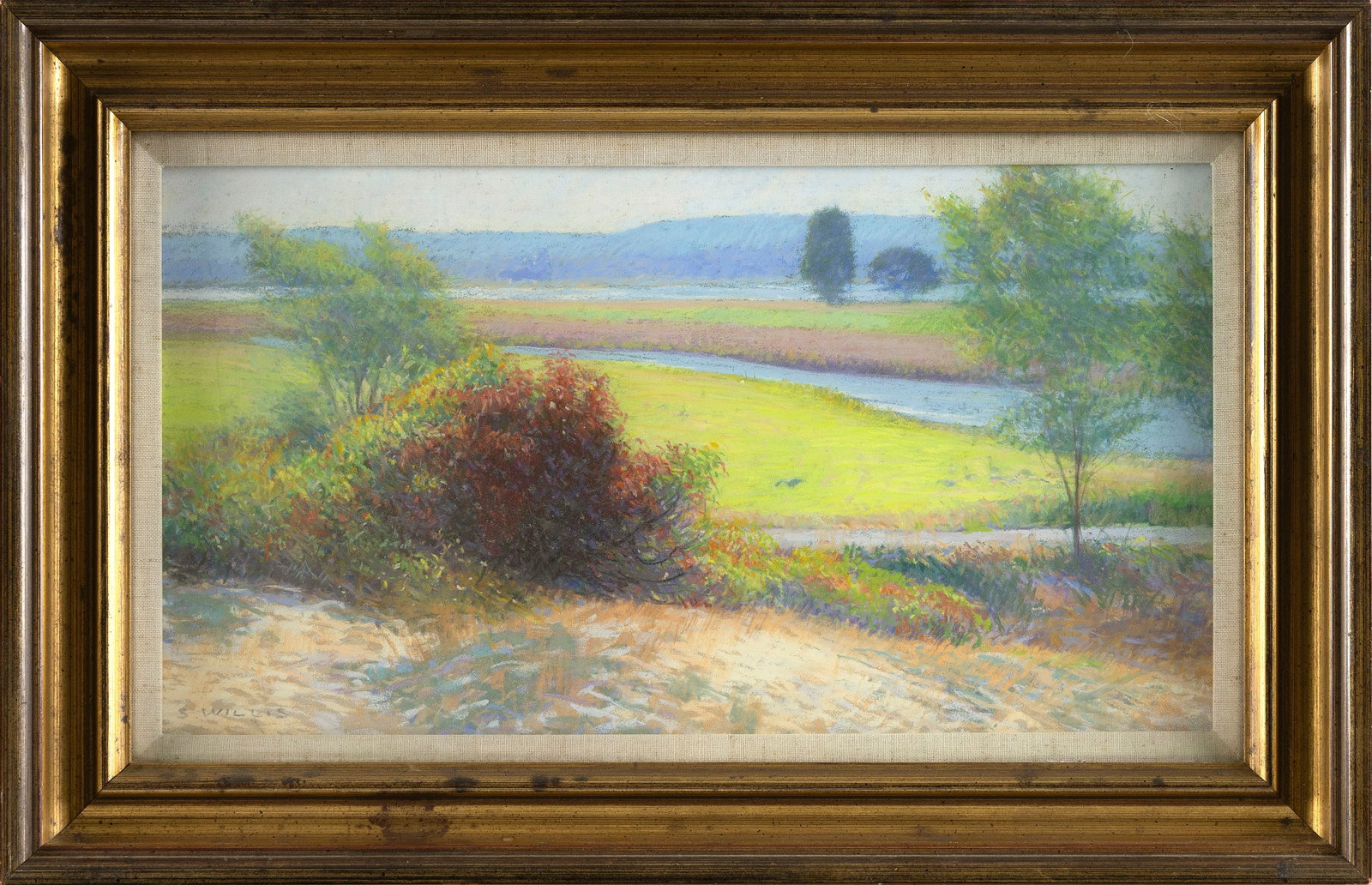 SID (SIDNEY) WILLIS (New Hampshire/Massachusetts, 1930-), Spring landsacpe., Pastel on paper, 9.5" x: SID (SIDNEY) WILLIS New Hampshire/Massachusetts, 1930- Spring landsacpe. Signed lower left "S. Willis". Pastel on paper, 9.5" x 17.5". Framed 14.5" x 22.5". Provenance: The President's House, Sterling