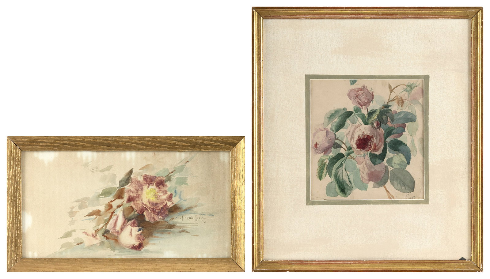 TWO STUDIES OF ROSES Late 19th/Early 20th Century Watercolors on wove paper, 7.5" x 7.25" and 7.75": TWO STUDIES OF ROSES Late 19th/Early 20th Century One signed lower right "Florine Hyer". Other signed illegibly. Watercolors on wove paper, 7.5" x 7.25" and 7.75" x 7.25" sight. Framed to 17" x 15".