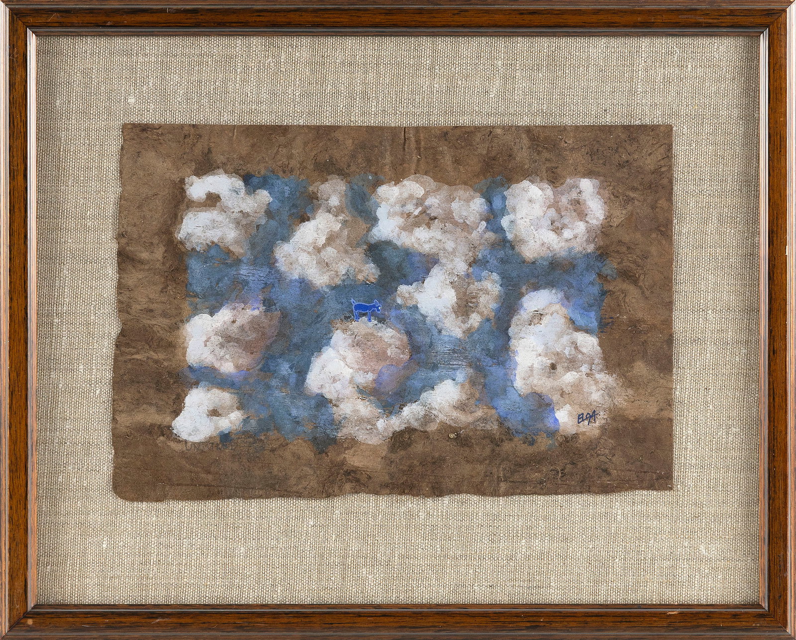 ABSTRACT SCHOOL (Contemporary,), Dog in clouds., Gouache on handmade paper, 8" x 12". Framed 13" x (1 of 2)