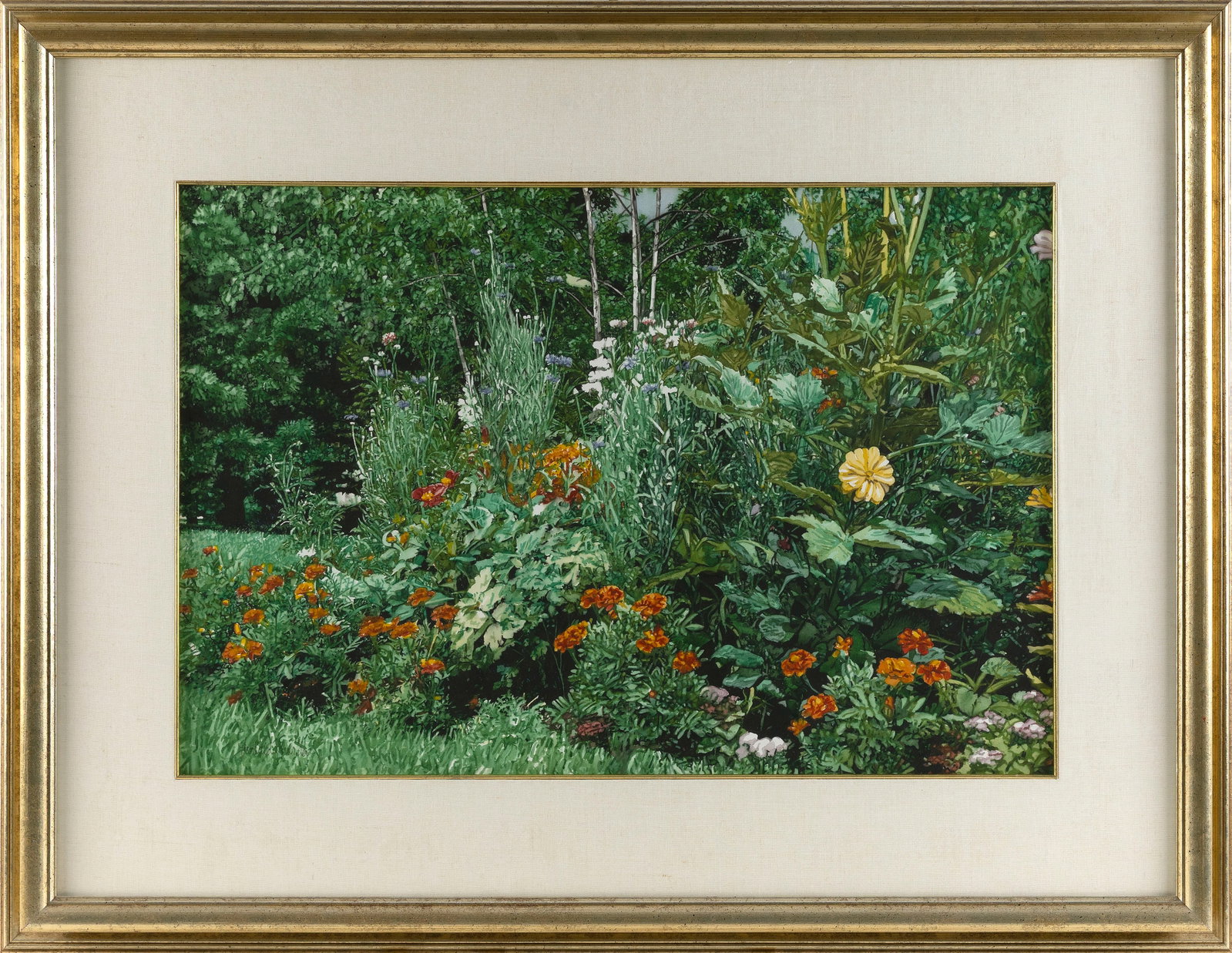 DONALD WERDEN (Pennsylvania, 1921-1991), "Marigold Border"., Watercolor on paper, 18" x 27" sight.: DONALD WERDEN Pennsylvania, 1921-1991 "Marigold Border". Signed lower left "Donald Werden". Titled on artist label verso. Watercolor on paper, 18" x 27" sight. Framed 29" x 38".