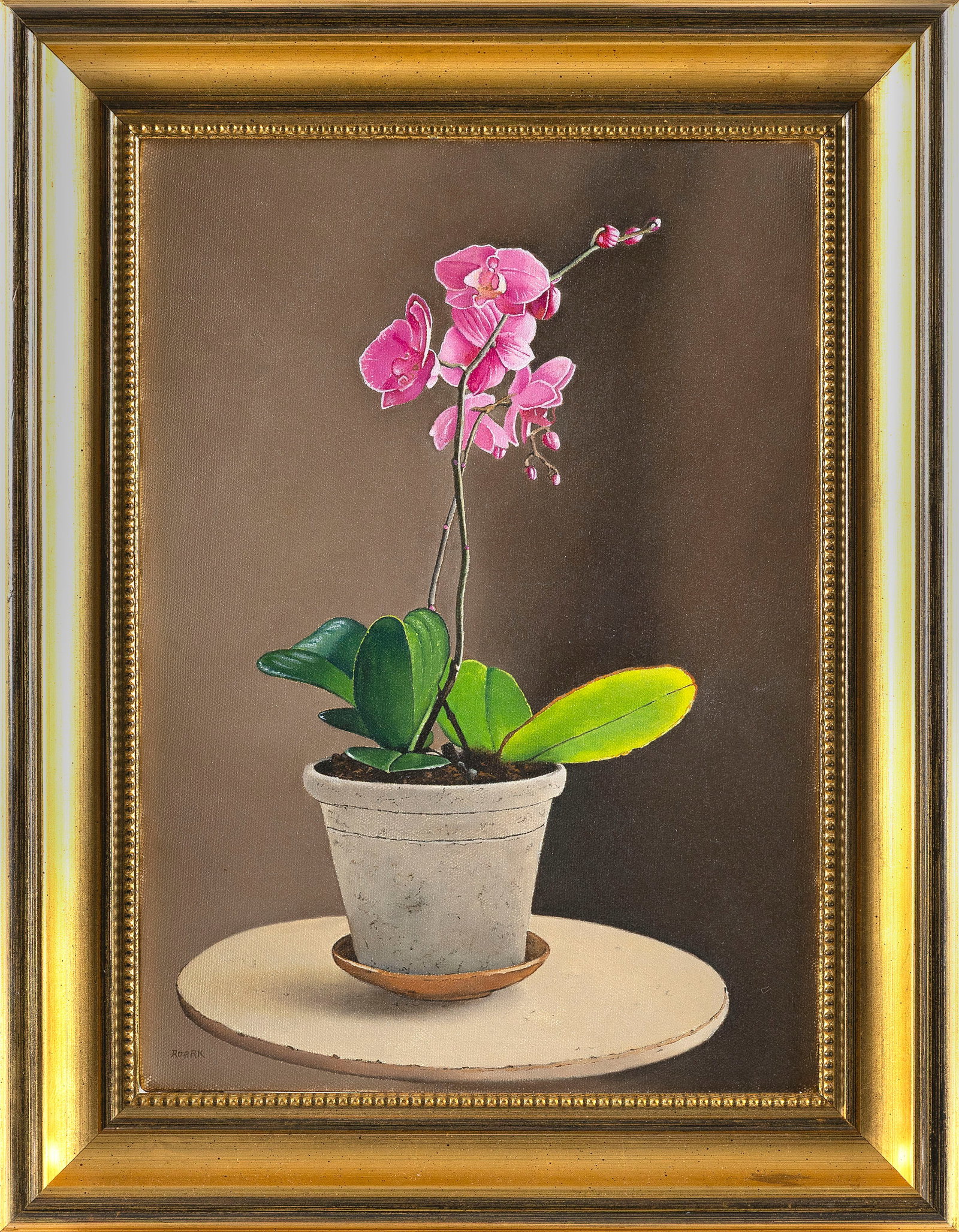 ROBERT K. ROARK (Massachusetts/New York, 1944-2026), Pink orchid., Oil on canvas, 14" x 10". Framed: ROBERT K. ROARK Massachusetts/New York, 1944-2026 Pink orchid. Signed lower left "Roark". Oil on canvas, 14" x 10". Framed 18" x 14".