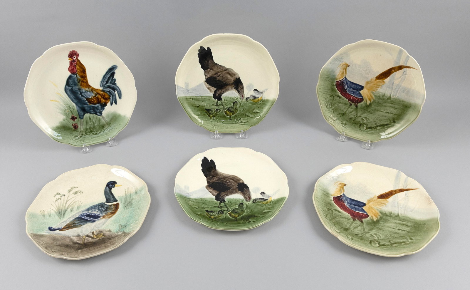 SET OF SIX CHOISY LE ROI "OISEAUX" MAJOLICA PLATES France, Late 19th Century Diameters 9". (1 of 2)