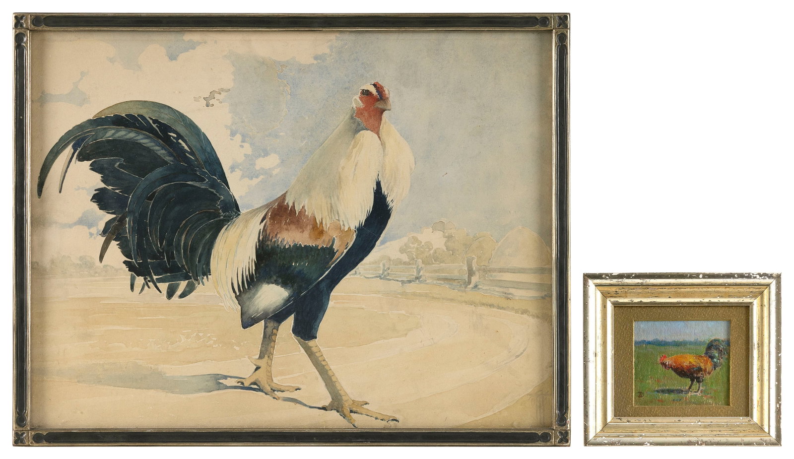 TWO ROOSTER-RELATED ARTWORKS Early to Mid-20th Century Framed to 15" x 19.25". (1 of 2)