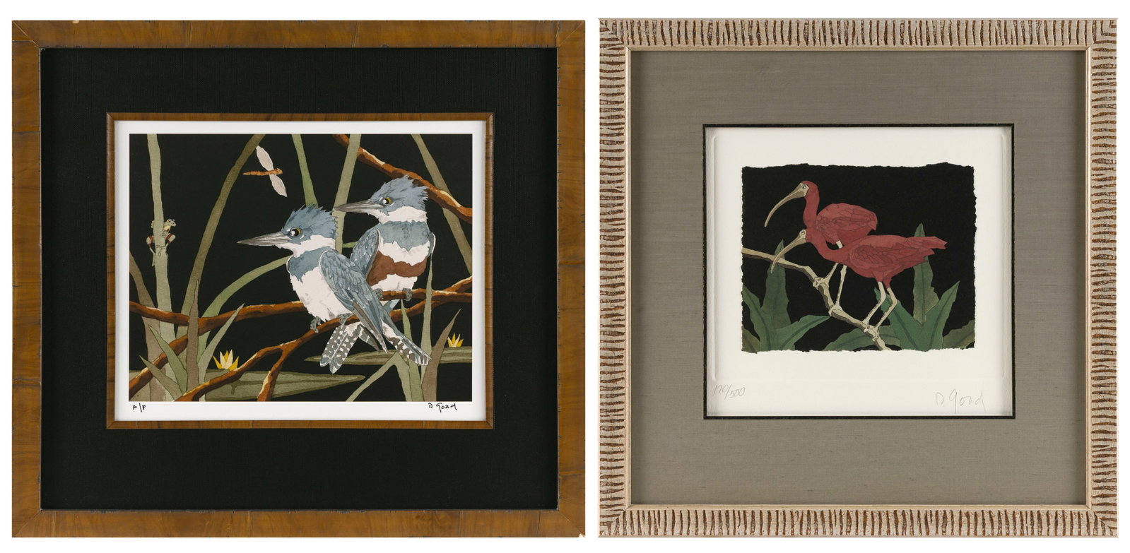 DAN GOAD (Georgia, 1952-), Two color lithographs: DAN GOAD Georgia, 1952- Two color lithographs: 1) Two kingfishers with a dragonfly and a frog. An artist's proof. Signed and inscribed "A/P" in pencil lower margin. 11" x 14". Framed 21.25" x 23.25". 