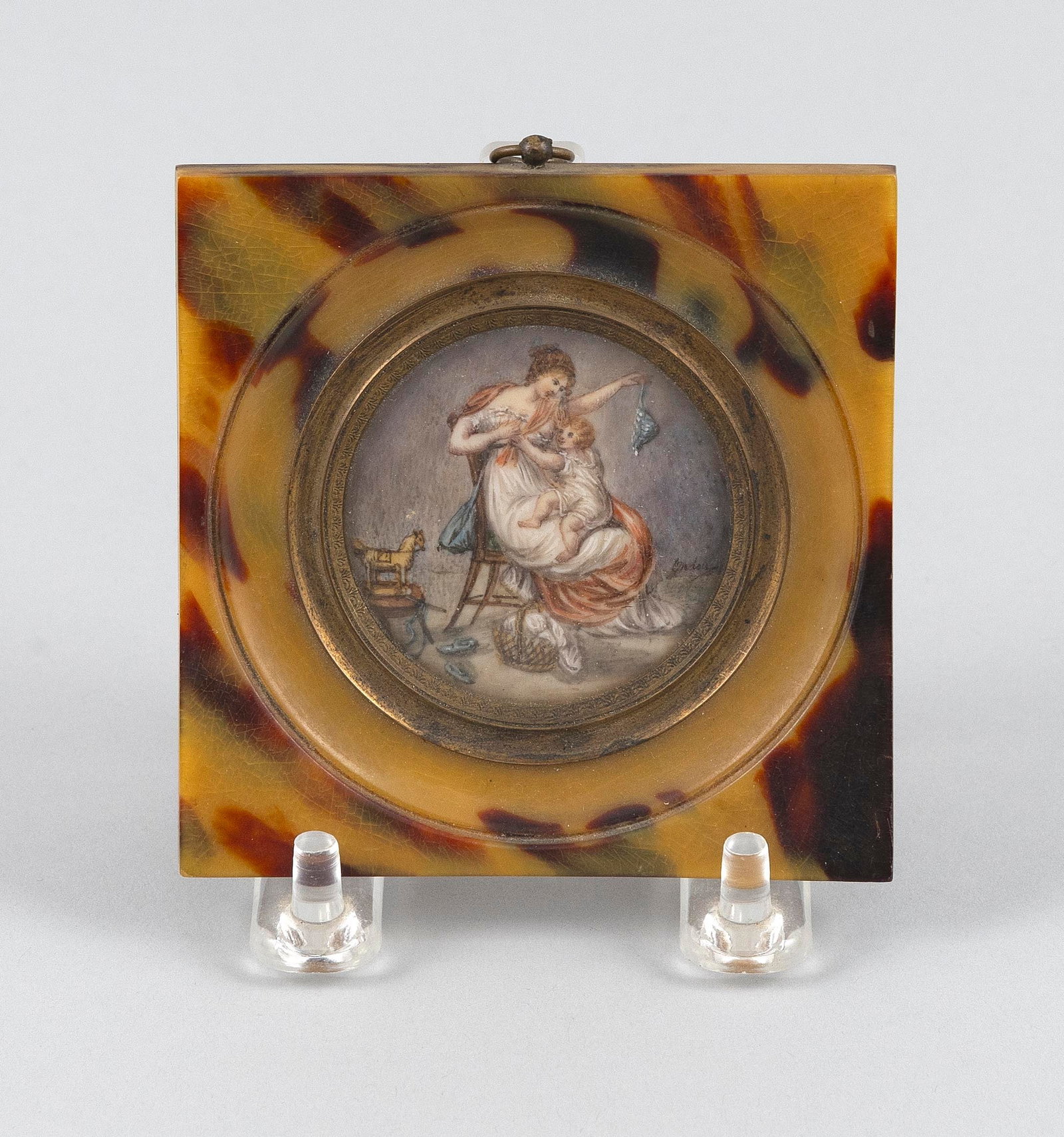 PORTRAIT MINIATURE OF A MOTHER AND CHILD 19th Century Diameter 2". Framed 3.25" x 3.25". (1 of 2)