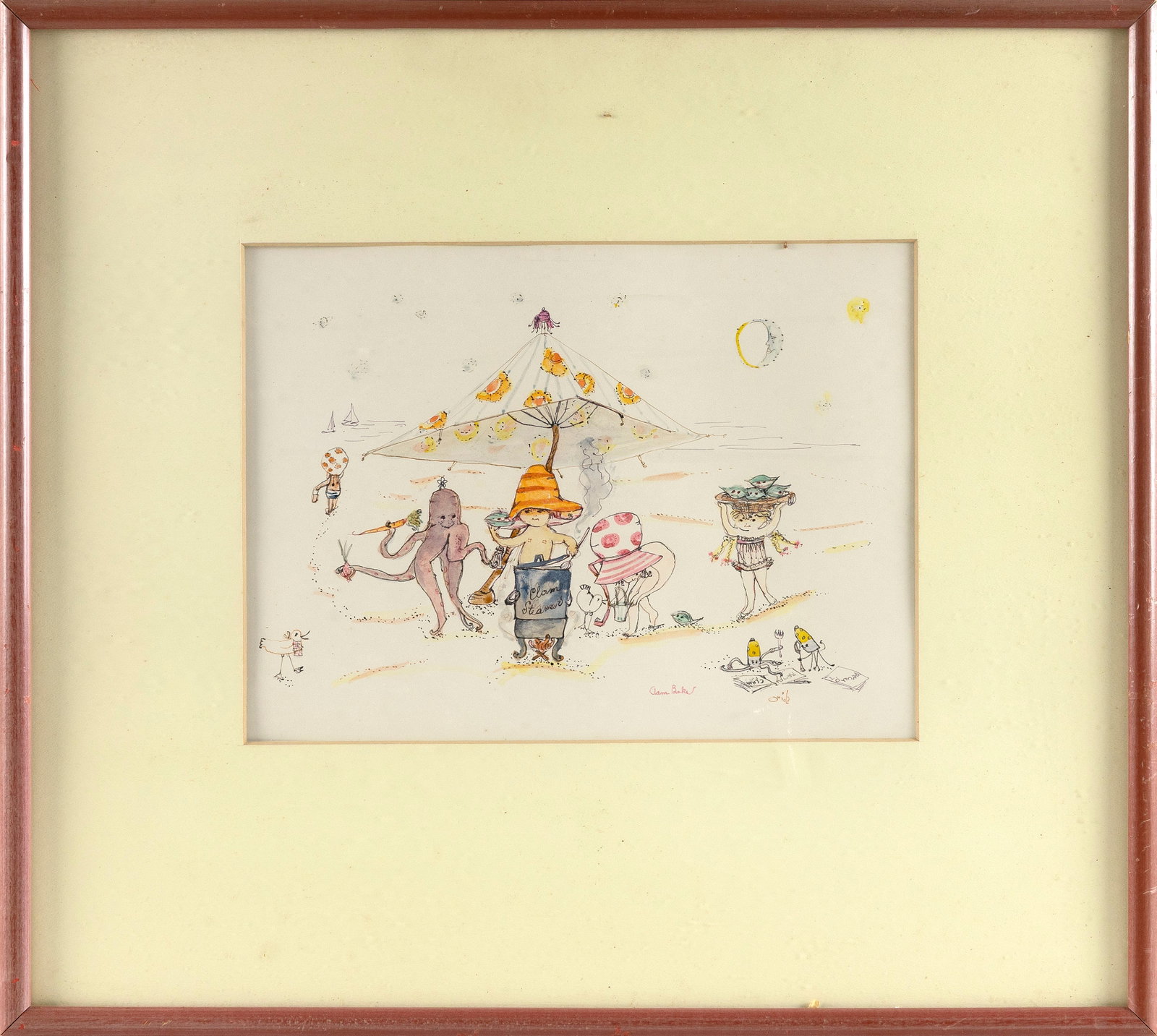 OUIDA GEORGE (Illinois/Florida/Mexico, 1916-2014), "Clambake"., Pen and ink, 8.5" x 11.5" sight.: OUIDA GEORGE Illinois/Florida/Mexico, 1916-2014 "Clambake". Signed lower right "Ouida". Titled lower center. Pen and ink, 8.5" x 11.5" sight. Framed 17.5" x 20".