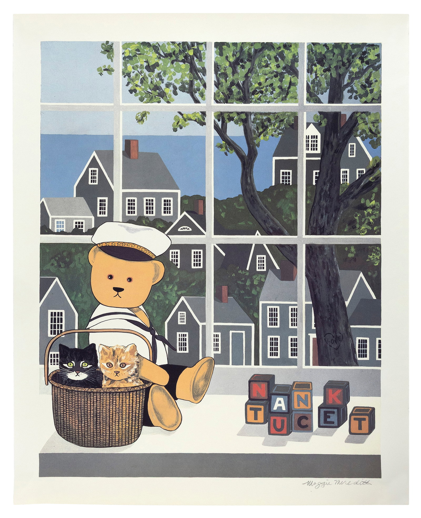 MAGGIE MEREDITH (New York/Massachusetts, 1922-2012), Nantucket teddy bear with cats and blocks., (1 of 1)