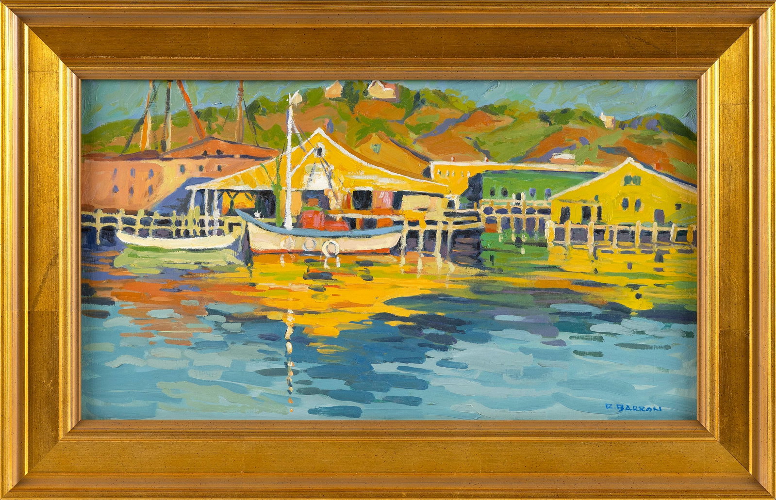 ROGER BARRON (Massachusetts/Maine, 1938-2017), Harbor view., Oil on board, 9" x 16". Framed 13" x (1 of 2)