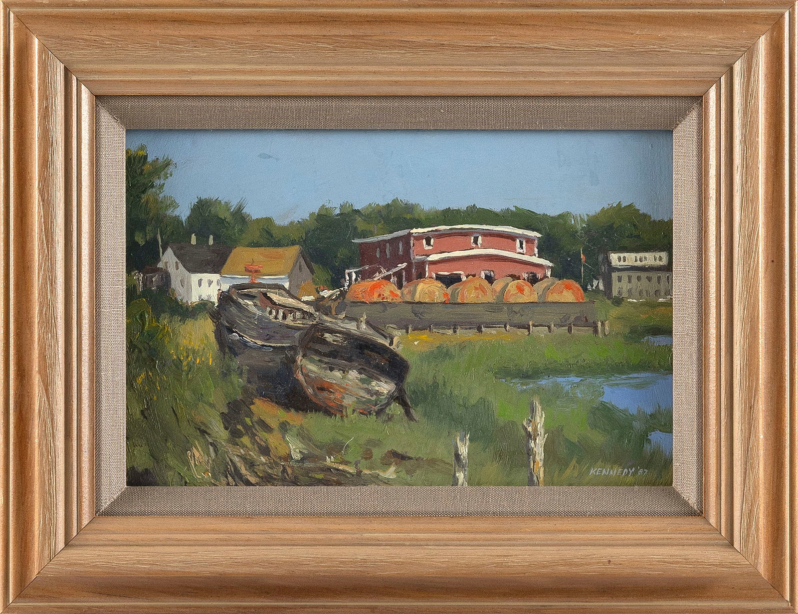 STEVE KENNEDY (Massachusetts/Maine, Contemporary), "Summer Light, Duck Creek"., Oil on board, 6" x: STEVE KENNEDY Massachusetts/Maine, Contemporary "Summer Light, Duck Creek". Signed and dated lower right "Kennedy '87". Titled and dated "June 23, 1987" verso. Oil on board, 6" x 9". Framed 9.5" x 12"