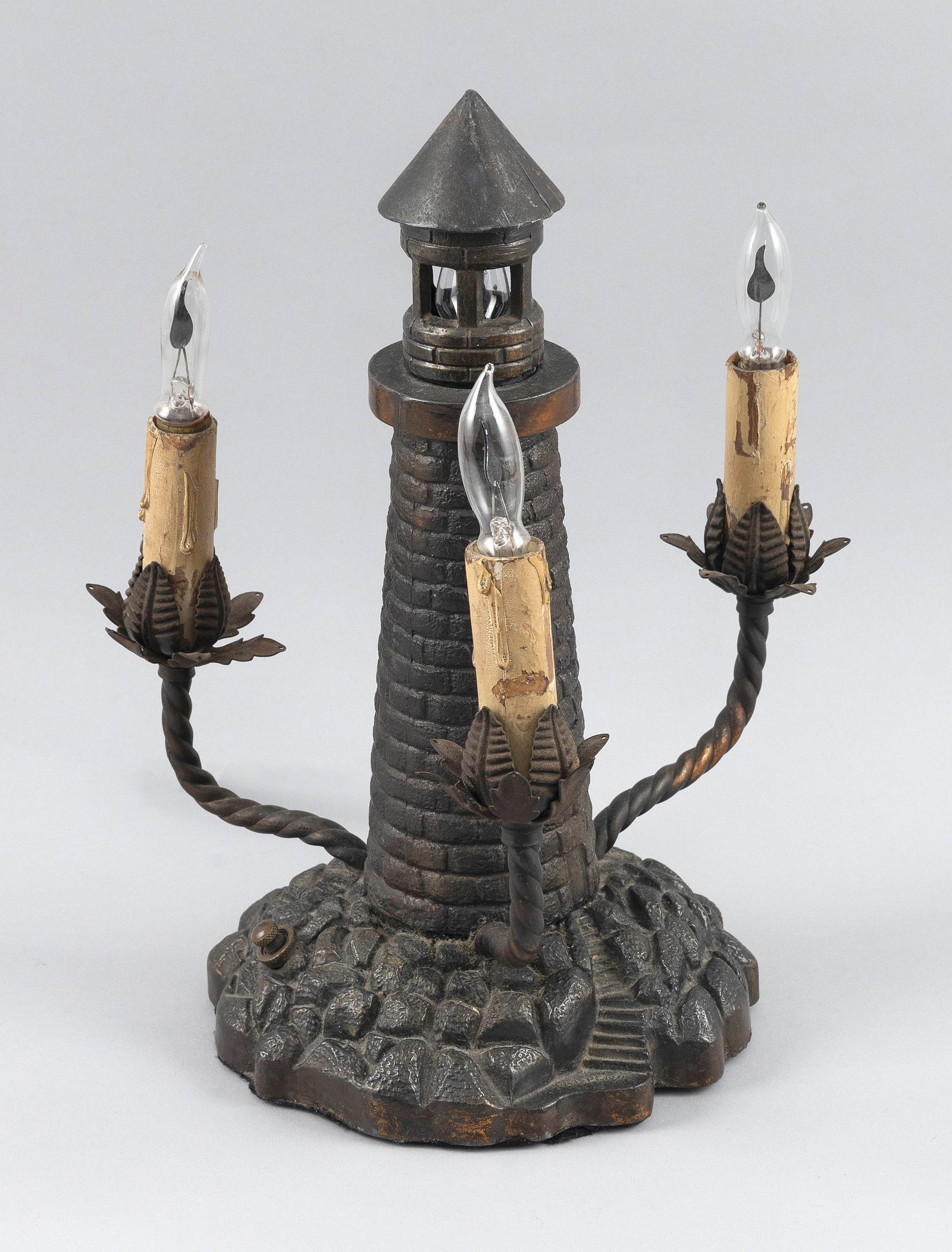 BRONZE LIGHTHOUSE TABLE LAMP Early 20th Century Height 12". (1 of 3)