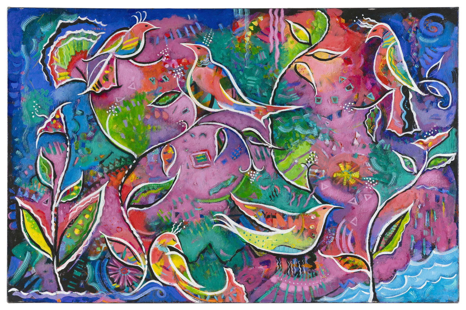 CARLA GOLEMBE (Massachusetts, Contemporary), "Pajaros"., Oil on canvas, 24" x 36". Unframed.: CARLA GOLEMBE Massachusetts, Contemporary "Pajaros". Signed lower right "Golembe". Titled verso. Oil on canvas, 24" x 36". Unframed.