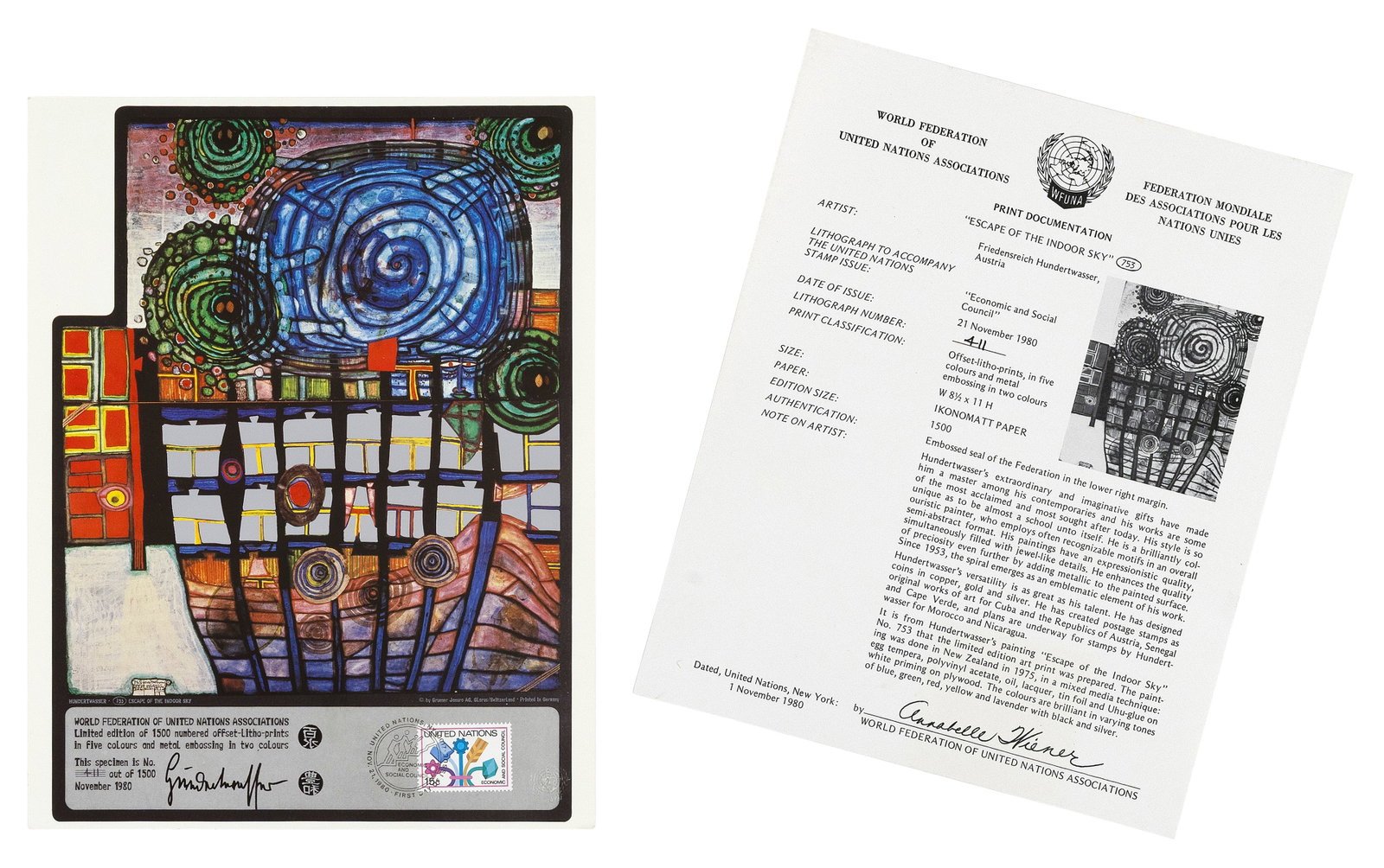 FRIEDENSREICH HUNDERTWASSER (Austria, 1928-2000), "Escape of the Indoor Sky", 1980., Offset: FRIEDENSREICH HUNDERTWASSER Austria, 1928-2000 "Escape of the Indoor Sky", 1980. Published by Gruener Janura, Switzerland. Signed and numbered 411/1500 in ink lower right. Embossed seal of the World F