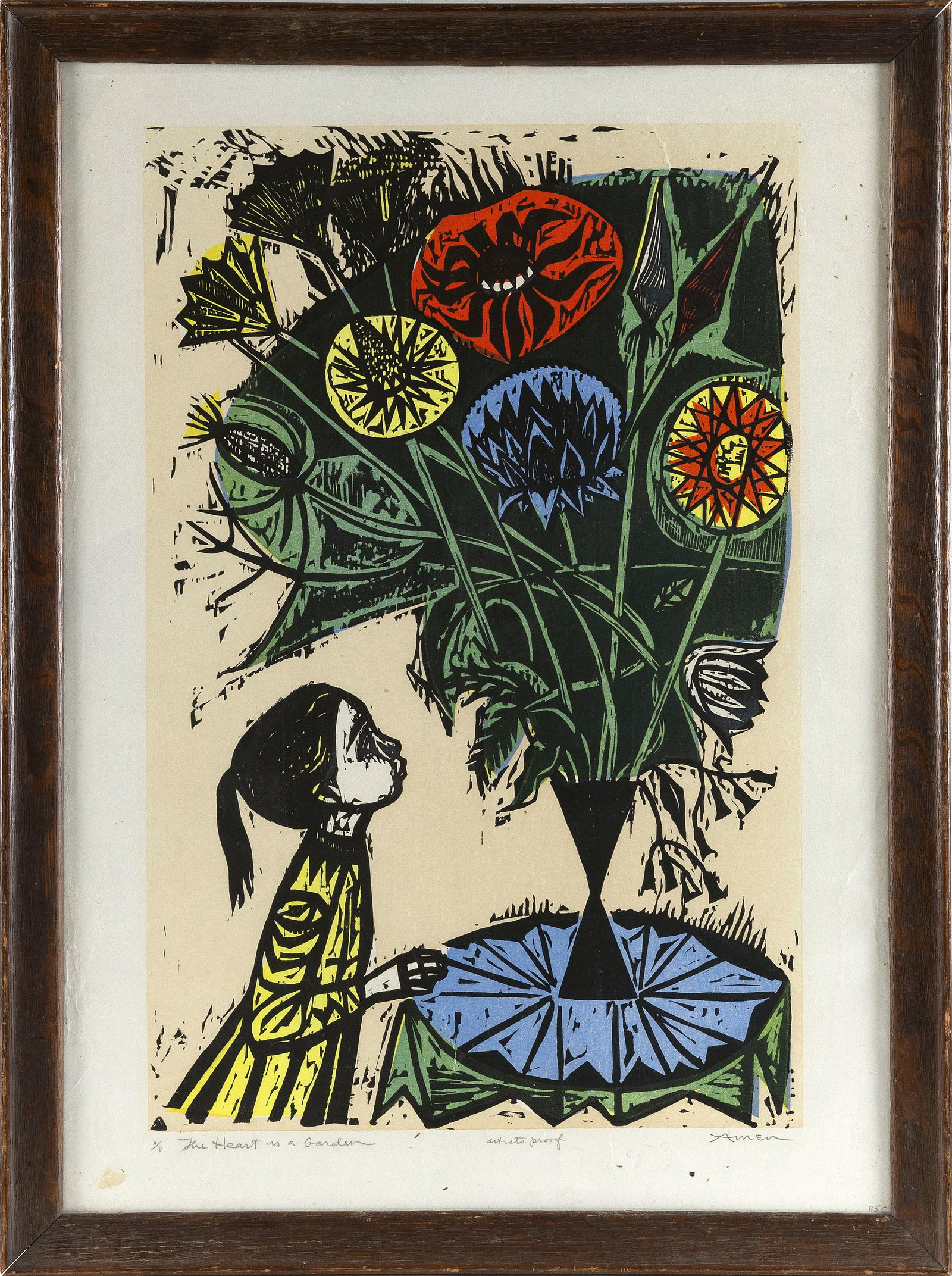 IRVING AMEN (New York/Florida, 1918-2011), "The Heart is a Garden"., Color woodblock, 24" x 15.5".: IRVING AMEN New York/Florida, 1918-2011 "The Heart is a Garden". An artist's proof, aside from the edition of 100. Signed, titled and inscribed "Artist's Proof" and "A/P" in pencil lower margin. Color