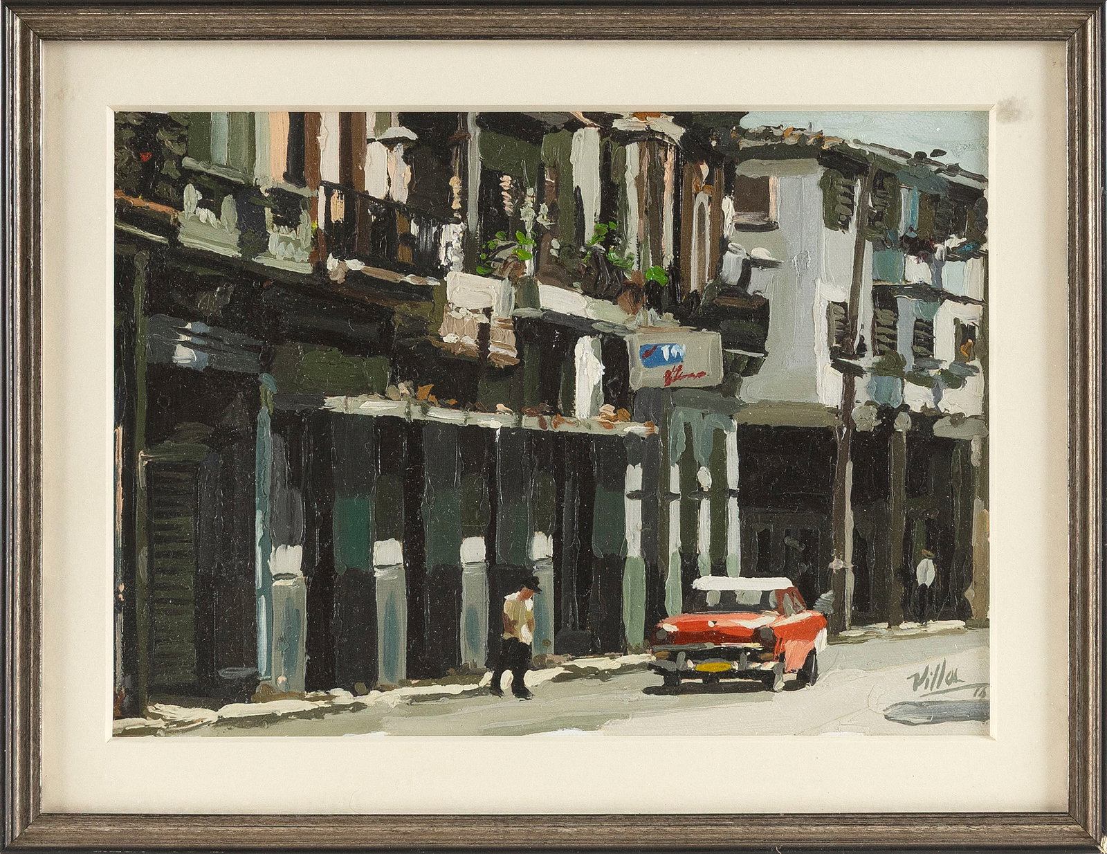 CUBAN SCHOOL (20th Century,), Street scene with red car., Oil on board, 8" x 10". Framed 10.5" x (1 of 2)