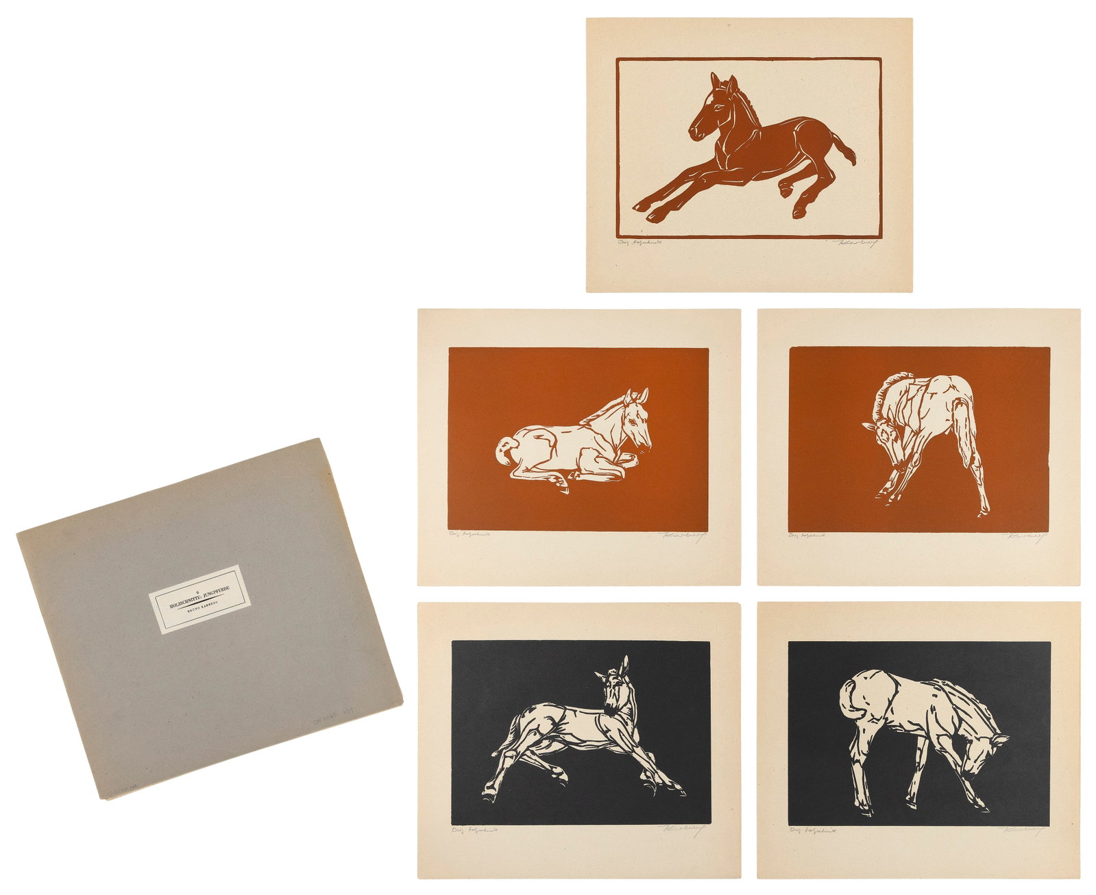 BRUNO KARBERG (Germany, 1896-1967), "Holzschnitte: Jungpferde", Sheets 12" x 13.75". Unframed.: BRUNO KARBERG Germany, 1896-1967 "Holzschnitte: Jungpferde", six woodcuts of young horses. Each signed and inscribed "Orig. Holzschnitte" in pencil lower margin. Housed in the original paper portfolio