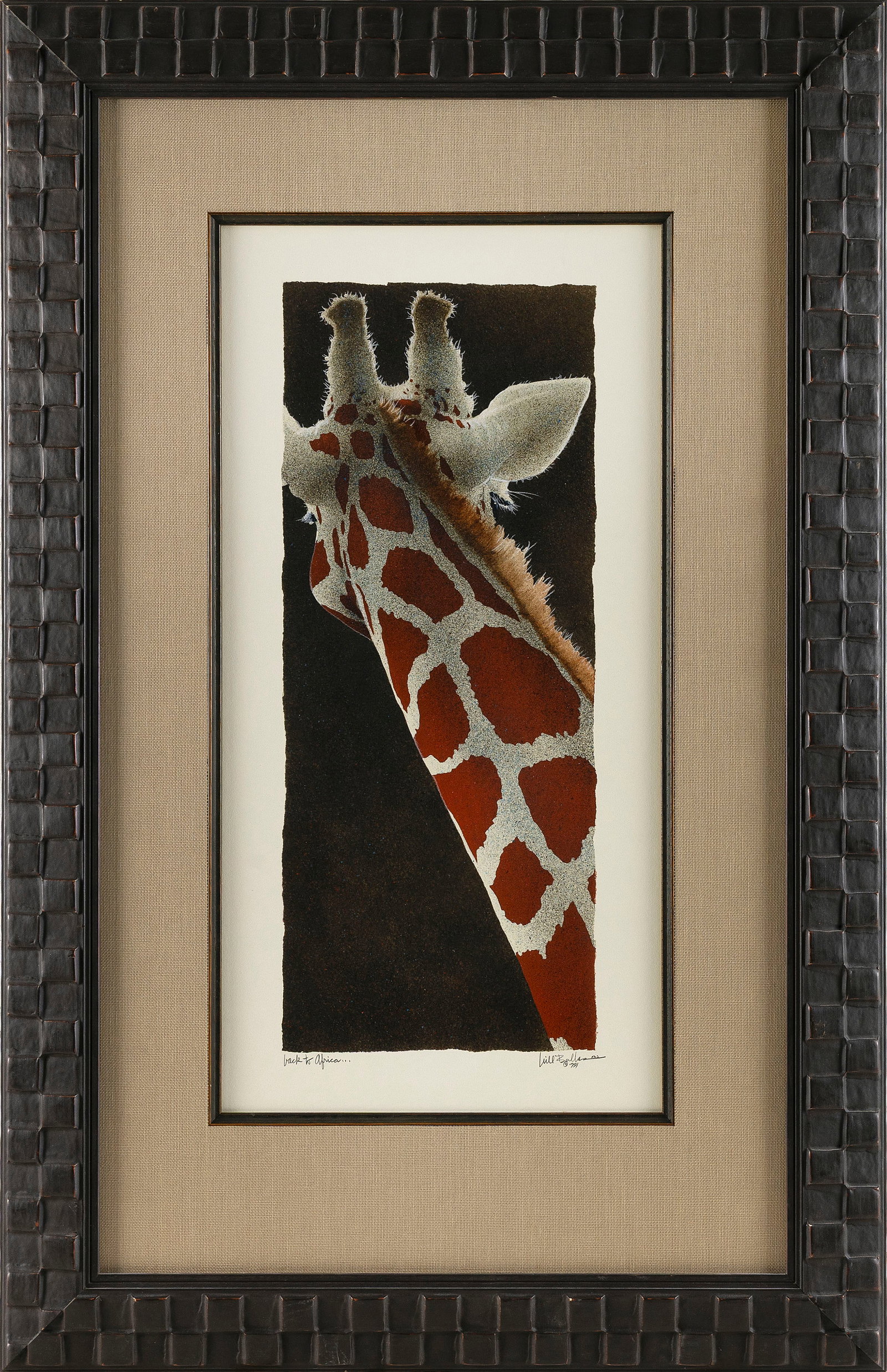 WILL BULLAS (California/Ohio, 1949-), "Back to Africa"., Watercolor on paper, 22" x 11" sight.: WILL BULLAS California/Ohio, 1949- "Back to Africa". Signed, titled and dated 1991 in pencil lower margin. Watercolor on paper, 22" x 11" sight. Framed 34.5" x 22".