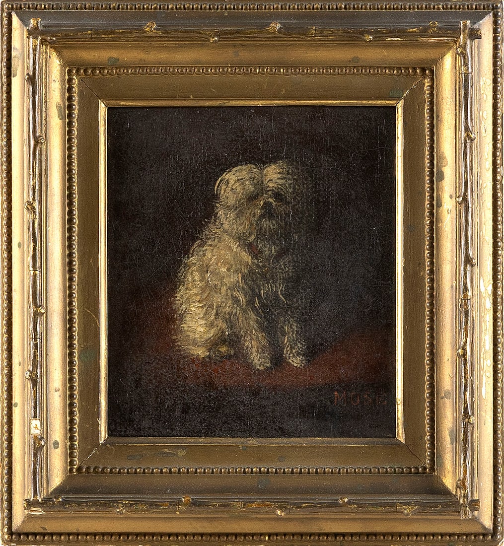 PORTRAIT OF A SMALL DOG Late 19th/Early 20th Century Oil on canvas, 5.25" x 5.25". Framed 8.5" x 8".: PORTRAIT OF A SMALL DOG Late 19th/Early 20th Century Inscribed lower right "MUSE". Oil on canvas, 5.25" x 5.25". Framed 8.5" x 8".