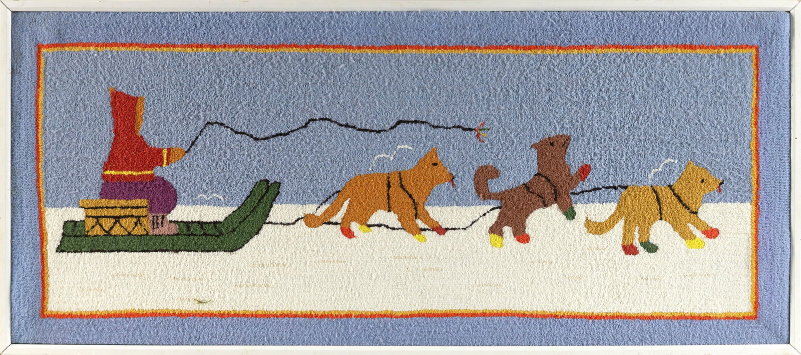 GRENFELL-STYLE HOOKED MAT 20th Century 15" x 35". Framed 15.5" x 35.5". (1 of 2)