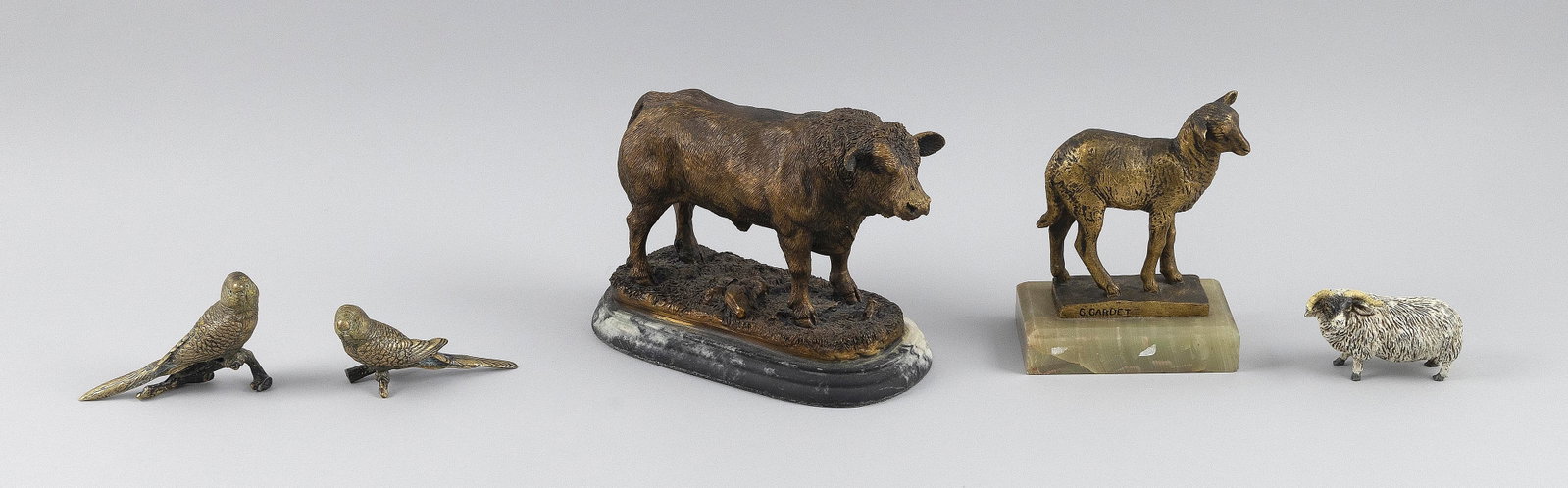 FIVE ANIMAL STATUETTES: FIVE ANIMAL STATUETTES 1) Bronze sheep atop a rectangular marble base. Signed "G. Gardet". Height 5.75". 2) Beswick cold-painted bronze ram. Marked on underside. Height 2.25". 3) Metal bull atop an ov