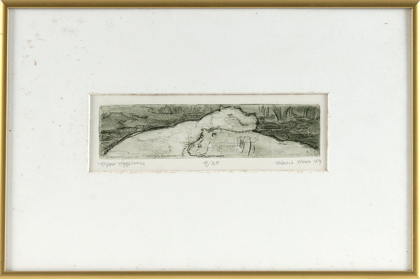MARCIA HOWE (Massachusetts, 1906-2001), "Hippo Happiness"., Etching in green, 2.5" x 8" sight. (1 of 2)