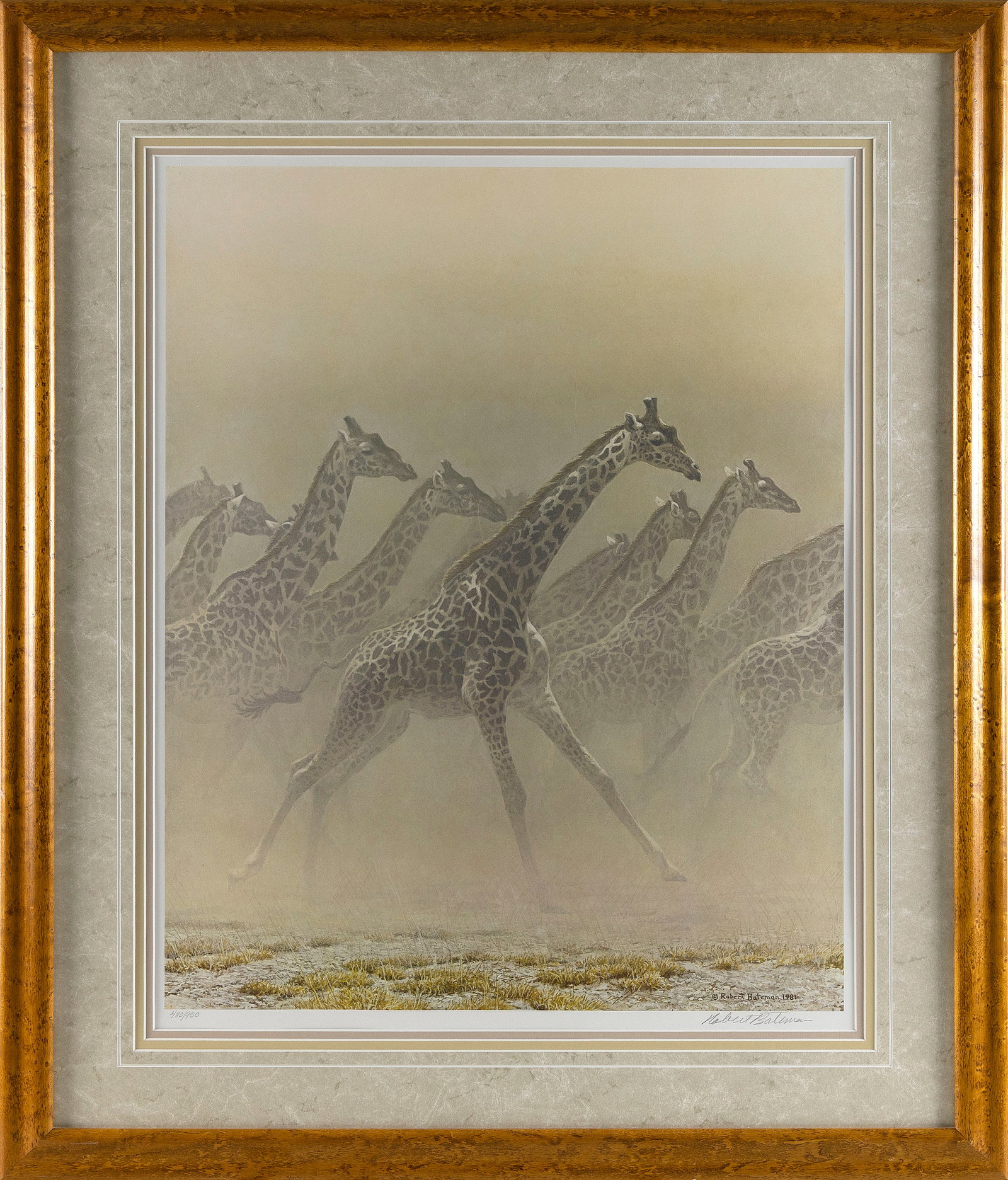 ROBERT BATEMAN (Canada, 1930-), Running giraffes., Offset lithograph, 24.25" x 19.5". Framed 33.75" (1 of 2)