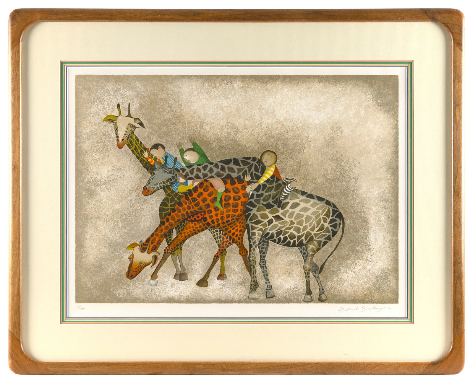 GRACIELA RODO BOULANGER (Bolivia/France, 1935-), Children and giraffes., Color lithograph, 19.5" x: GRACIELA RODO BOULANGER Bolivia/France, 1935- Children and giraffes. Signed and numbered 77/200 in pencil lower margin. Color lithograph, 19.5" x 27". Framed 31" x 38.5".