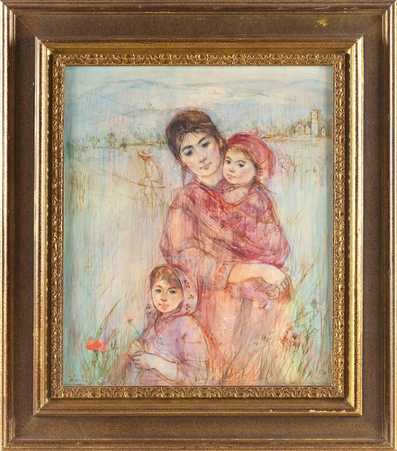 EDNA HIBEL PLOTKIN (Massachusetts/Florida, 1917-2015), A mother and her children., Enhanced print on: EDNA HIBEL PLOTKIN Massachusetts/Florida, 1917-2015 A mother and her children. Signed lower left "Hibel". Enhanced print on paper over masonite, 18" x 15" sight. Framed 26" x 22.5".