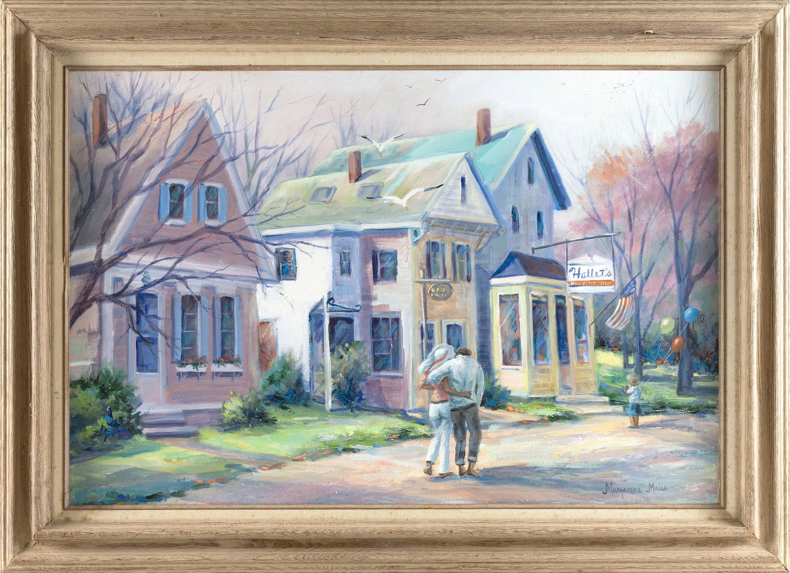 MARYANNE MAIER (Florida, 1935-2026), Strolling down Main Street, Yarmouth Port, Massachusetts., Oil: MARYANNE MAIER Florida, 1935-2026 Strolling down Main Street, Yarmouth Port, Massachusetts. Signed lower right "Maryanne Maier". Oil on canvas, 24" x 36". Framed 31" x 43.5".