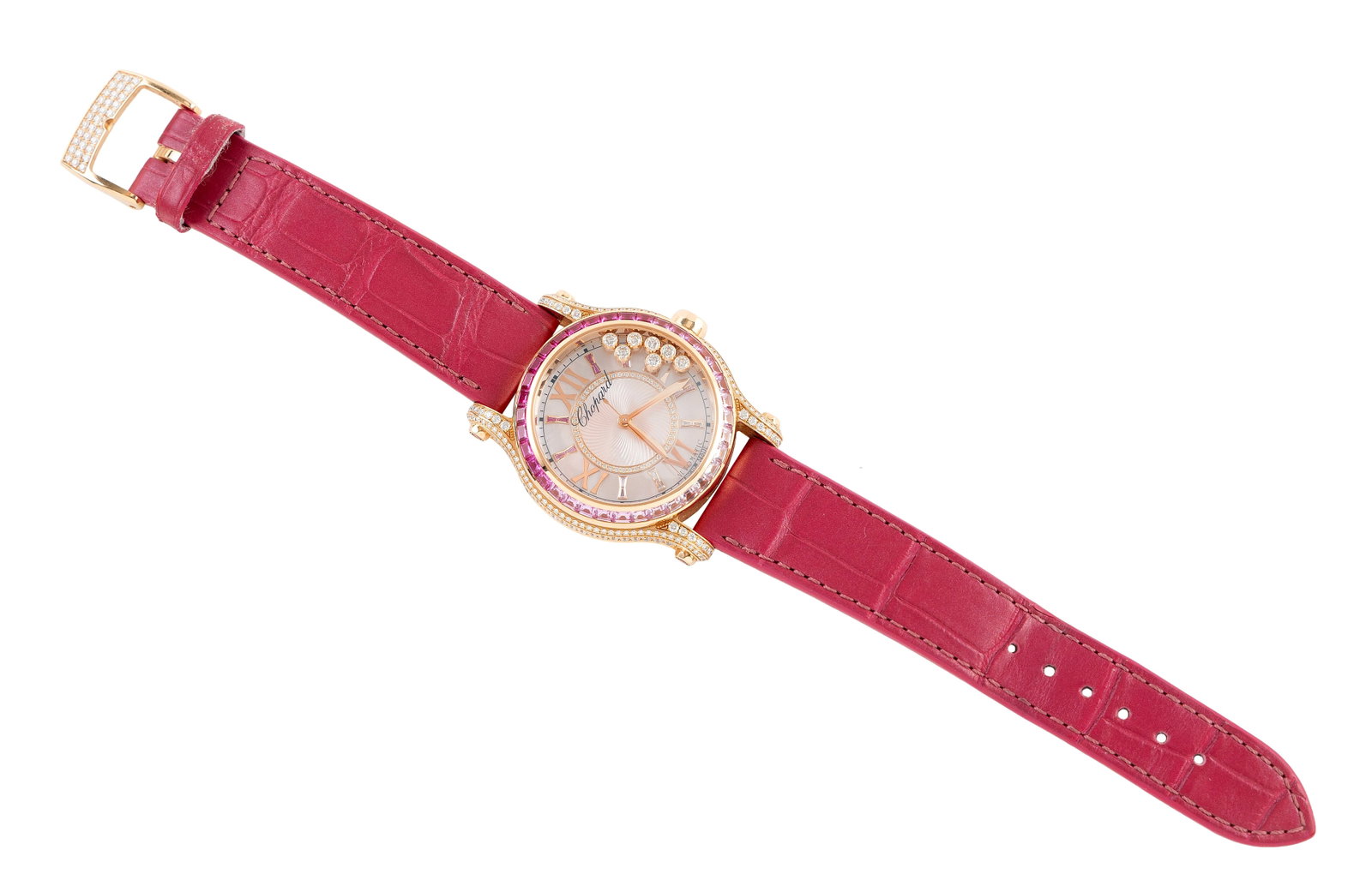 CHOPARD "HAPPY SPORT" 18KT ROSE GOLD, DIAMOND AND PINK SAPPHIRE WATCH Approx. 50.9 total dwt.: CHOPARD "HAPPY SPORT" 18KT ROSE GOLD, DIAMOND AND PINK SAPPHIRE WATCH Serial #4050125. Pav?d case with 270 full-cut diamonds, approx. 1.75 ctw. Lugs with four bezel-set rubies, approx. 0.14 ctw. Crown
