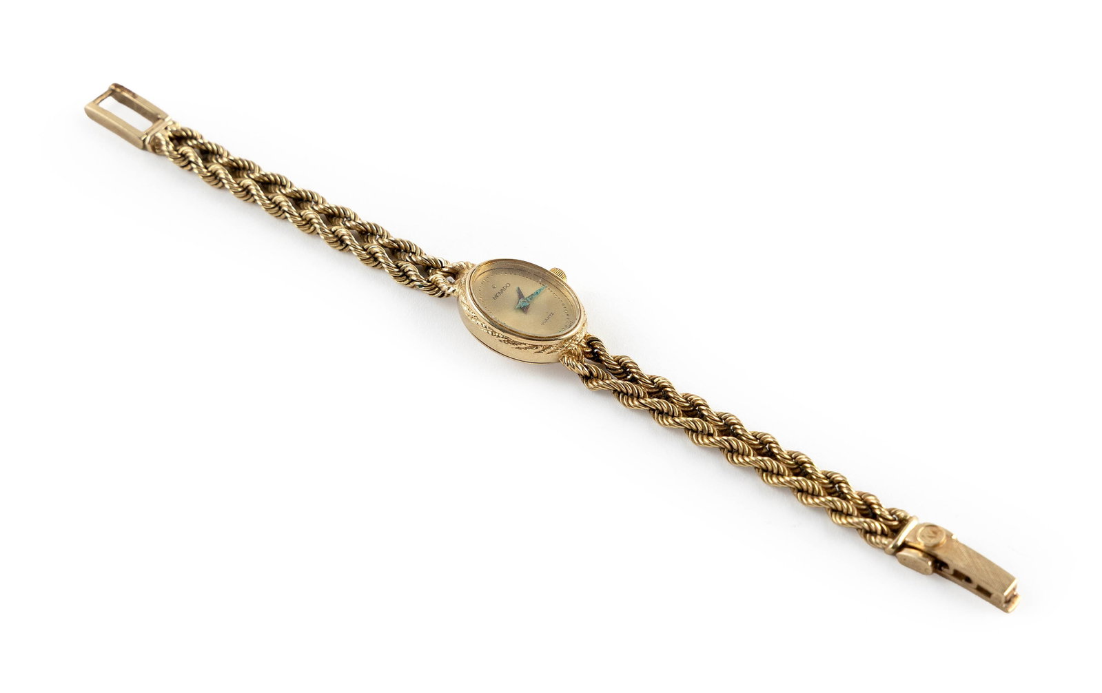 MOVADO 14KT YELLOW GOLD WATCH Approx. 16.9 total dwt.: MOVADO 14KT YELLOW GOLD WATCH Quartz movement. Stamped. Case approx. 15.0 x 20.0mm. Double rope bracelet with approx. 3.0 x 6.0mm fold-over clasp. Approx. 16.9 total dwt.