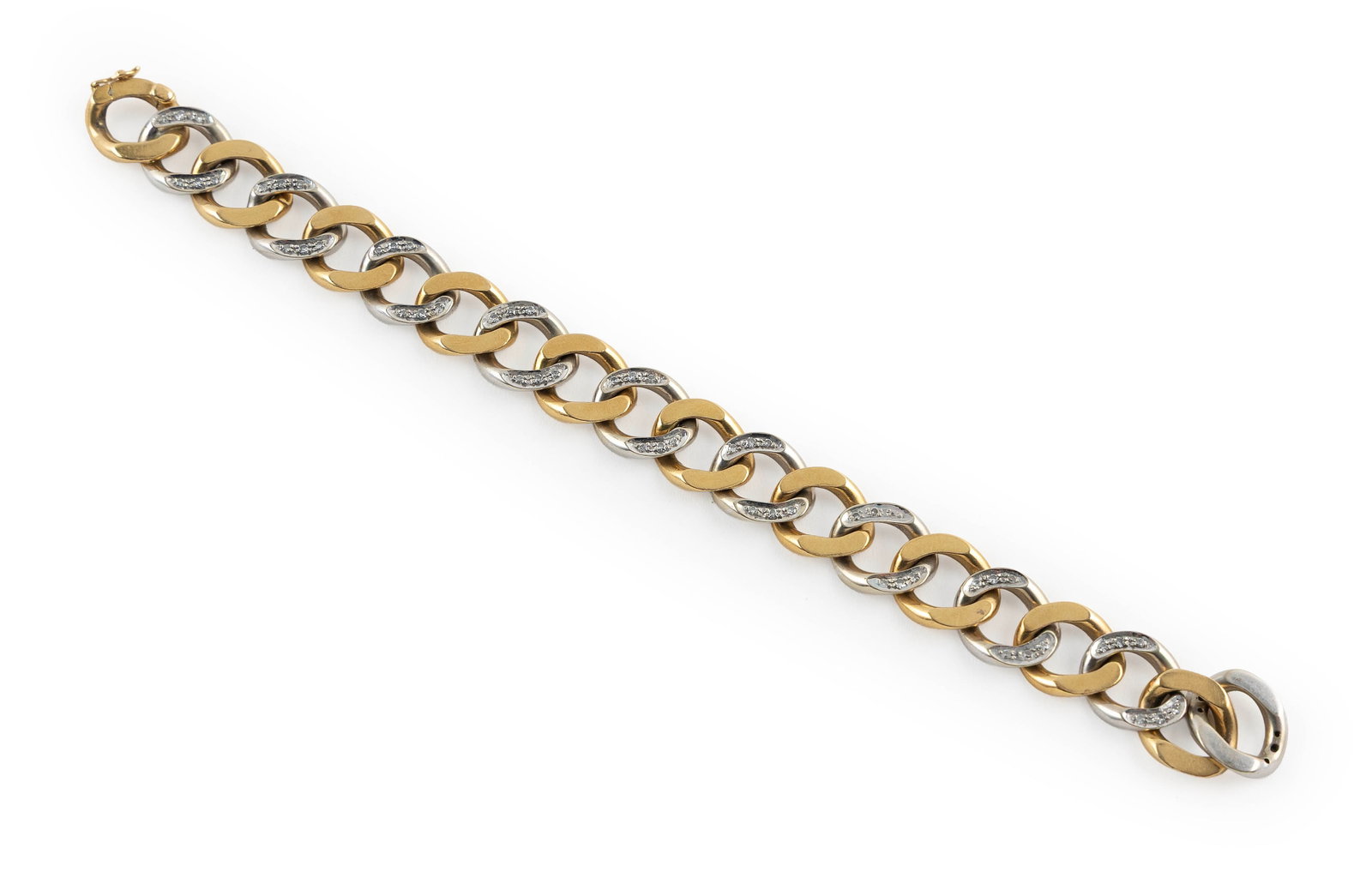 18KT WHITE AND YELLOW GOLD AND DIAMOND CURB LINK BRACELET Approx. 48.8 total dwt.: 18KT WHITE AND YELLOW GOLD AND DIAMOND CURB LINK BRACELET Ten yellow gold links and 10 white gold links. Each white gold link with six small single-cut diamonds; 60 total. Hinged clasp with fold-over 