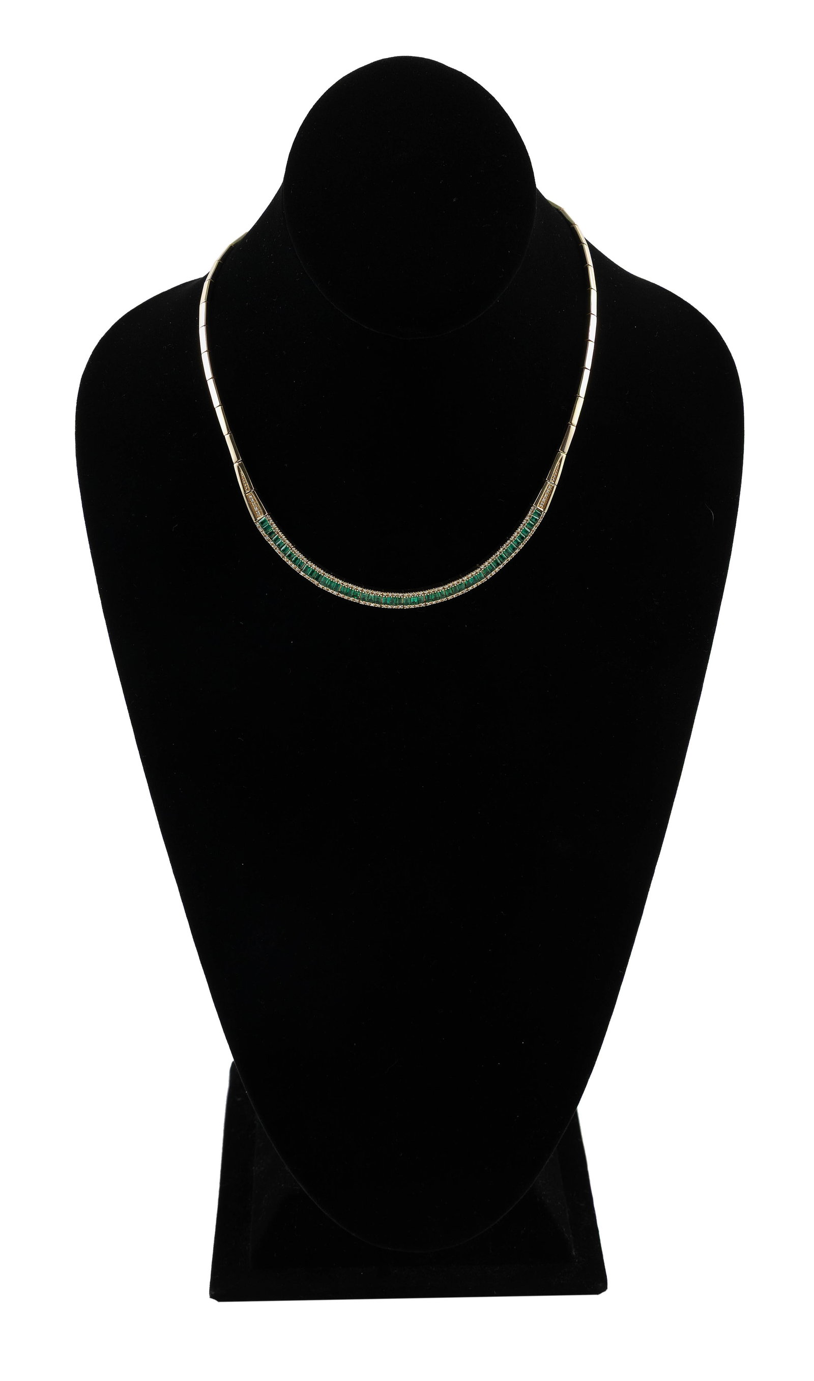 EFFY 14KT YELLOW GOLD, DIAMOND AND EMERALD NECKLACE Approx. 16.7 total dwt.: EFFY 14KT YELLOW GOLD, DIAMOND AND EMERALD NECKLACE 16 flexible links each with three baguette-cut emeralds and eight small round-cut diamonds. Two links each with five small round-cut diamonds. Total