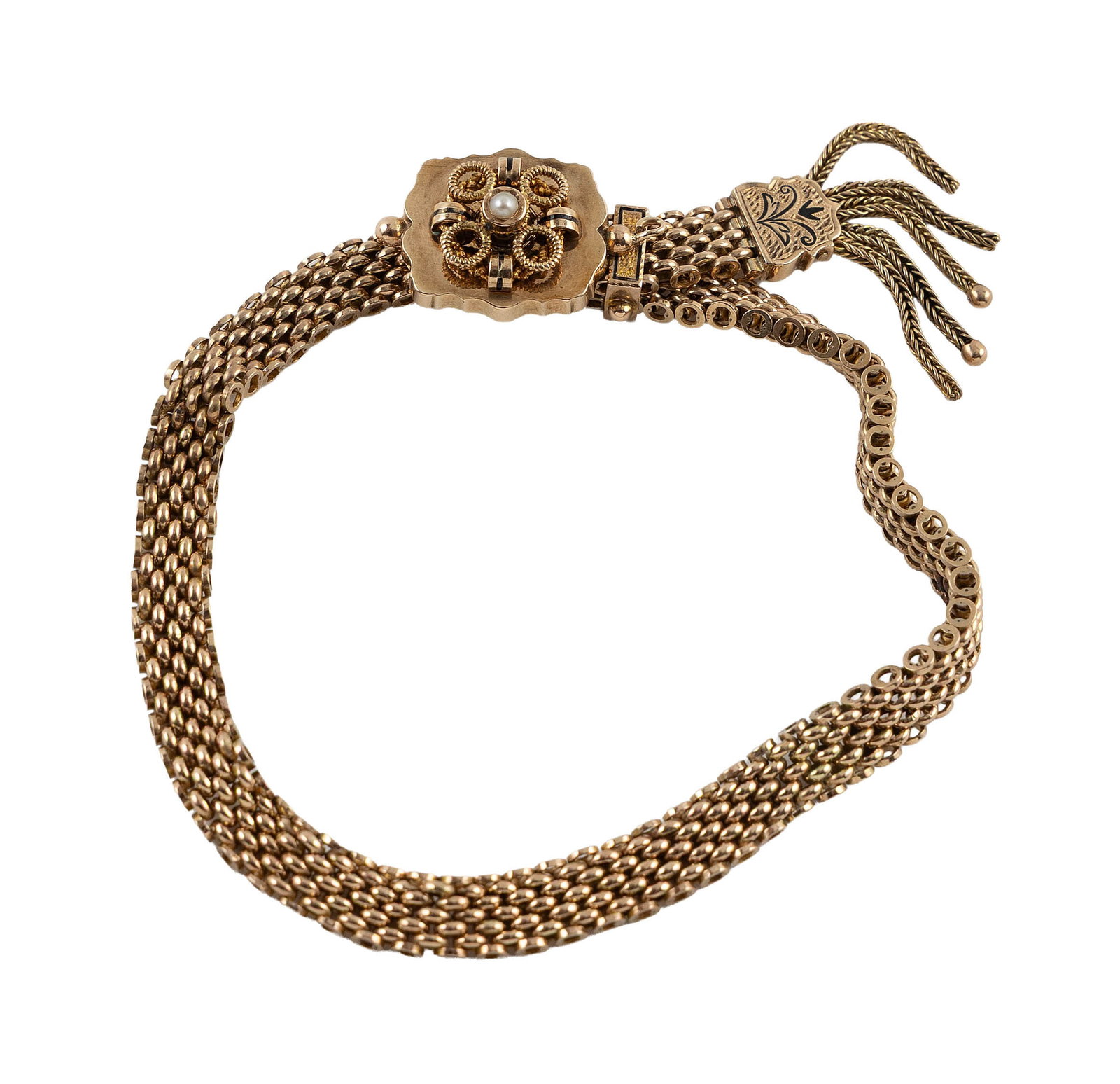 14KT YELLOW GOLD FLEXIBLE LINK BRACELET WITH ADJUSTABLE SLIDE Approx. 10.9 total dwt.: 14KT YELLOW GOLD FLEXIBLE LINK BRACELET WITH ADJUSTABLE SLIDE Adjustable box clasp, approx. 15.0 x 24.0 x 11.0mm, with ornate design on top and one approx. 2.0mm round pearl. Engraved tasseled end pie