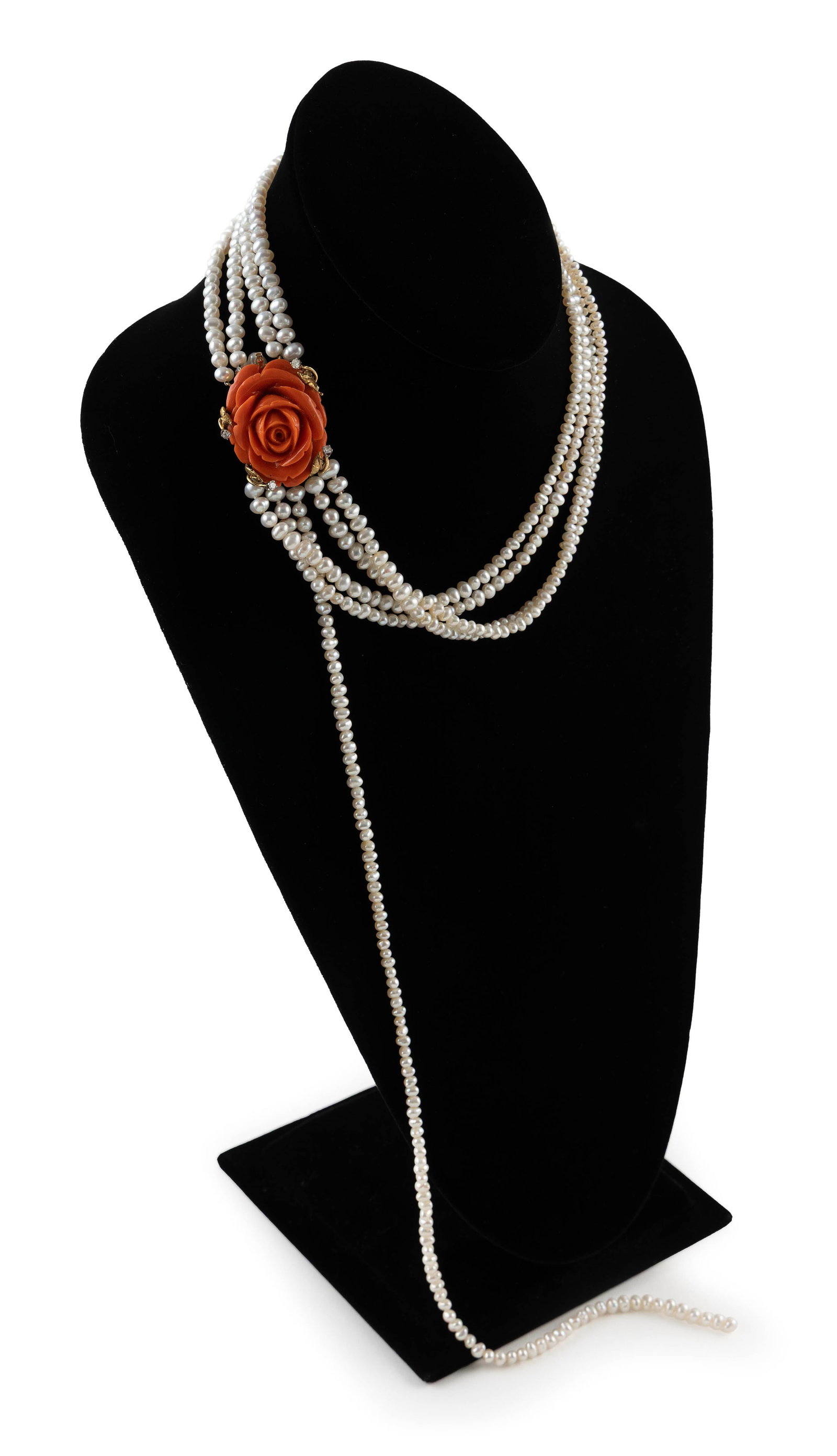 14KT YELLOW GOLD, CULTURED PEARL, CORAL AND DIAMOND NECKLACE: Y Y 14KT YELLOW GOLD, CULTURED PEARL, CORAL AND DIAMOND NECKLACE Five strands of approx. 3.5 to 6.0mm pearls. Box design clasp, approx. 30.0 x 35.0mm, with a carved coral rose and four small single-cu