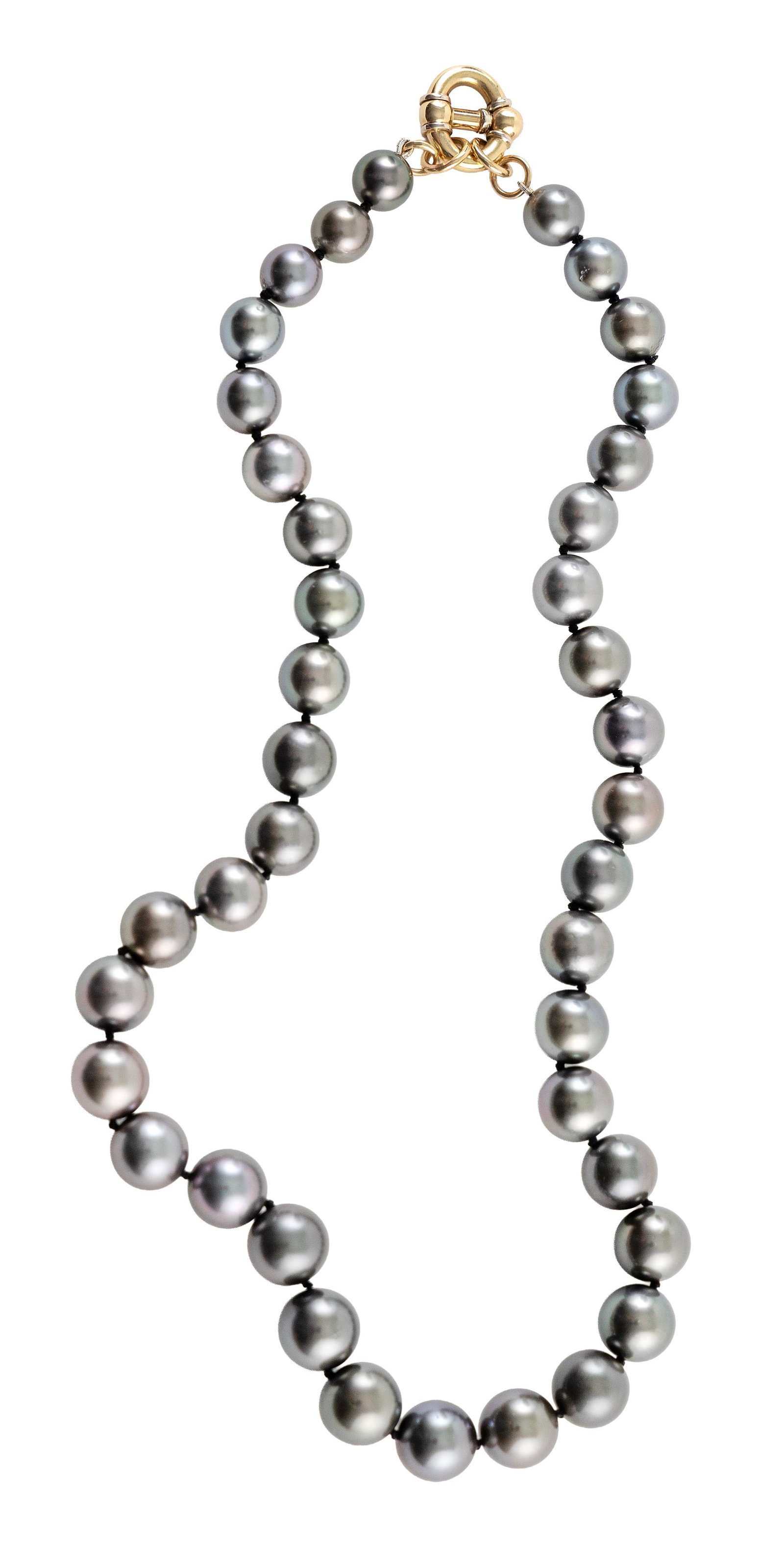 14KT YELLOW GOLD AND SOUTH SEA PEARL NECKLACE: 14KT YELLOW GOLD AND SOUTH SEA PEARL NECKLACE Forty round pearls graduating from approx. 8.0 to 11.0mm. Gold clasp approx. 15.0 x 16.0mm. Stamped. Length 18".