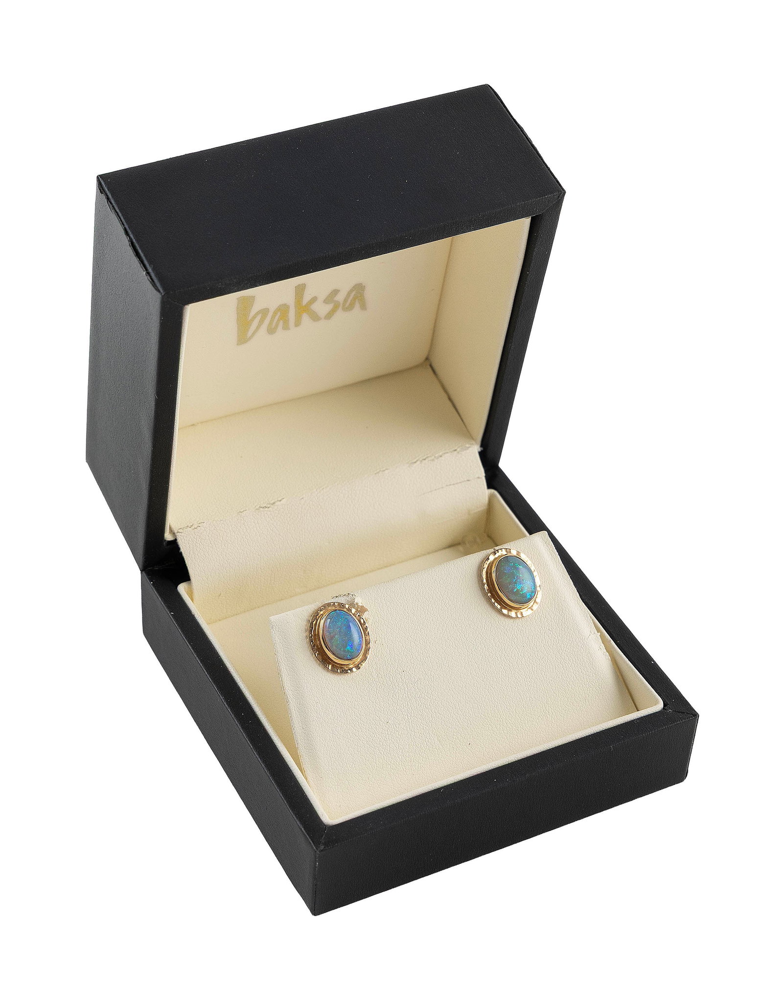 MICHAEL BAKSA PAIR OF 14KT YELLOW GOLD AND OPAL EARRINGS Approx. 2.5 total dwt.: MICHAEL BAKSA PAIR OF 14KT YELLOW GOLD AND OPAL EARRINGS Each with one approx. 7.0 x 9.0mm bezel-set cabochon opal, possibly doublets. Post/friction nut backs. Stamped. Approx. 12.0 x 14.0mm. Approx. 