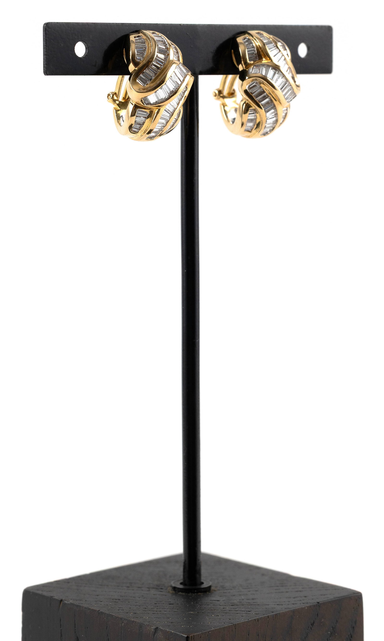 PAIR OF 18KT YELLOW GOLD AND BAGUETTE DIAMOND EARRINGS Approx. 11.1 total dwt.: PAIR OF 18KT YELLOW GOLD AND BAGUETTE DIAMOND EARRINGS Each set with approx. 110 baguette-cut diamonds, approx. 4.50 ctw. Omega post backs. Stamped. Approx. 14.0 x 21.0mm. Approx. 11.1 total dwt.
