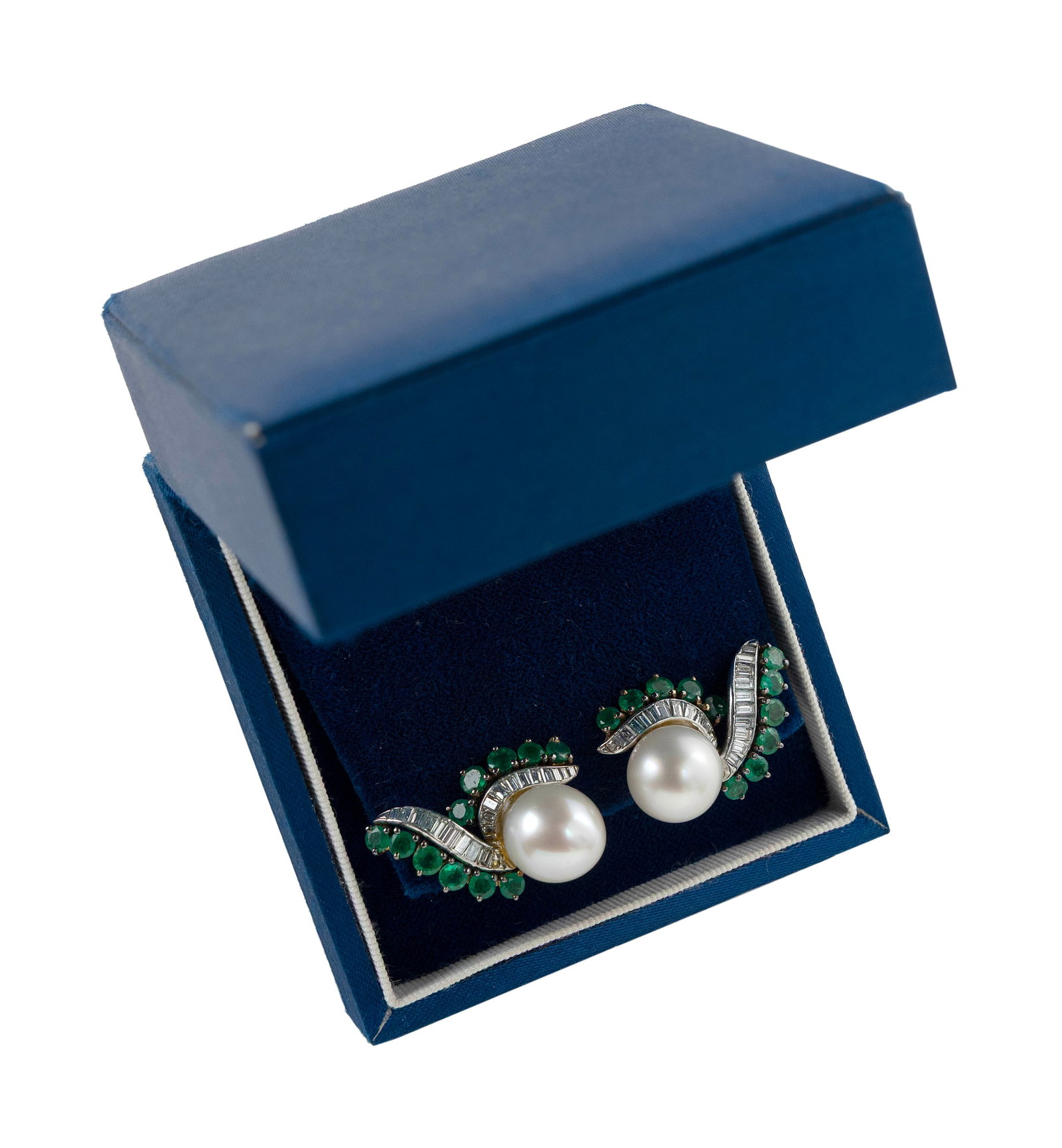 PAIR OF 18KT WHITE AND YELLOW GOLD, DIAMOND, EMERALD AND PEARL EARRINGS Approx. 17.1 total dwt.: PAIR OF 18KT WHITE AND YELLOW GOLD, DIAMOND, EMERALD AND PEARL EARRINGS Each with 11 round-cut emeralds, 21 straight-cut baguette diamonds and one approx. 10.0mm round cultured pearl. Diamonds approx.