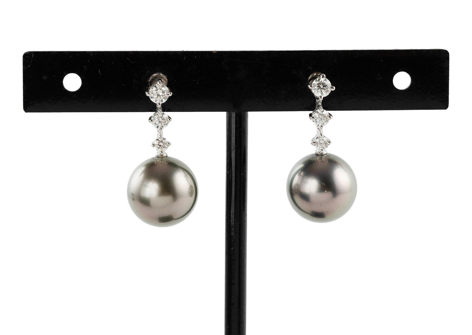 PAIR OF 18KT WHITE GOLD, MIKIMOTO PEARL AND DIAMOND EARRINGS Approx. 5.9 total dwt.: PAIR OF 18KT WHITE GOLD, MIKIMOTO PEARL AND DIAMOND EARRINGS Each with one approx. 12.0mm round gray Tahitian pearls and three round-cut diamonds, approx. 0.40 ctw. Stamped. Approx. 5.9 total dwt.