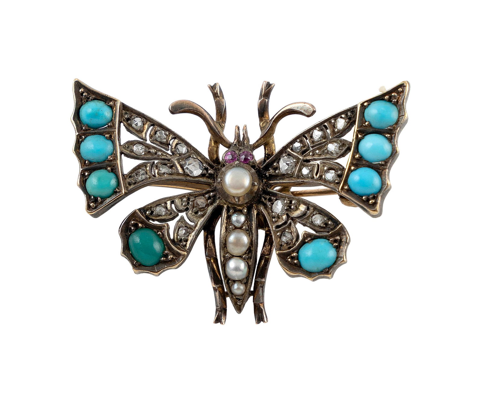 VINTAGE 10KT YELLOW GOLD, TURQUOISE, RUBY, SEED PEARL AND DIAMOND BUTTERFLY PIN/PENDANT Approx. 5.6: VINTAGE 10KT YELLOW GOLD, TURQUOISE, RUBY, SEED PEARL AND DIAMOND BUTTERFLY PIN/PENDANT Eight approx. 2.0 x 3.0mm cabochon turquoises, two small round-cut ruby eyes, five small round seed pearls and 2