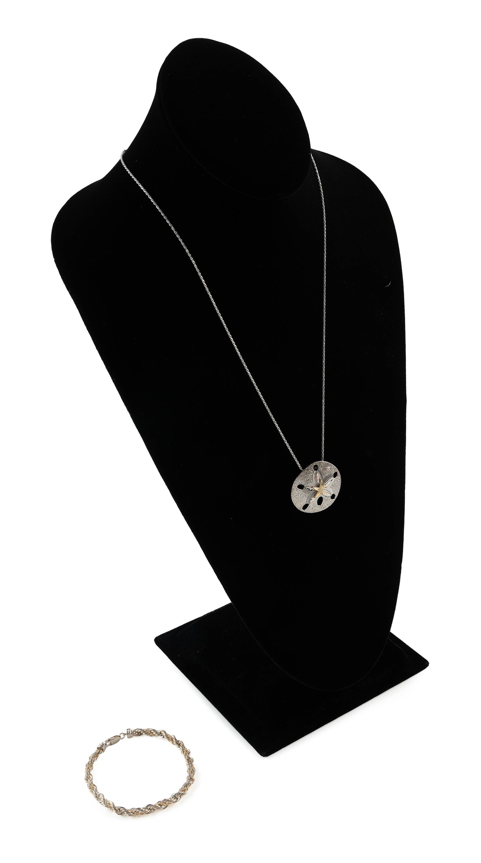 TWO PIECES OF 14KT YELLOW GOLD AND STERLING SILVER JEWELRY Approx. 14.8 total dwt.: TWO PIECES OF 14KT YELLOW GOLD AND STERLING SILVER JEWELRY 1) Rope bracelet with sterling silver rope and a gold fine link chain wrapped around the center. Lobster claw clasp. Width approx. 5.0mm. Len