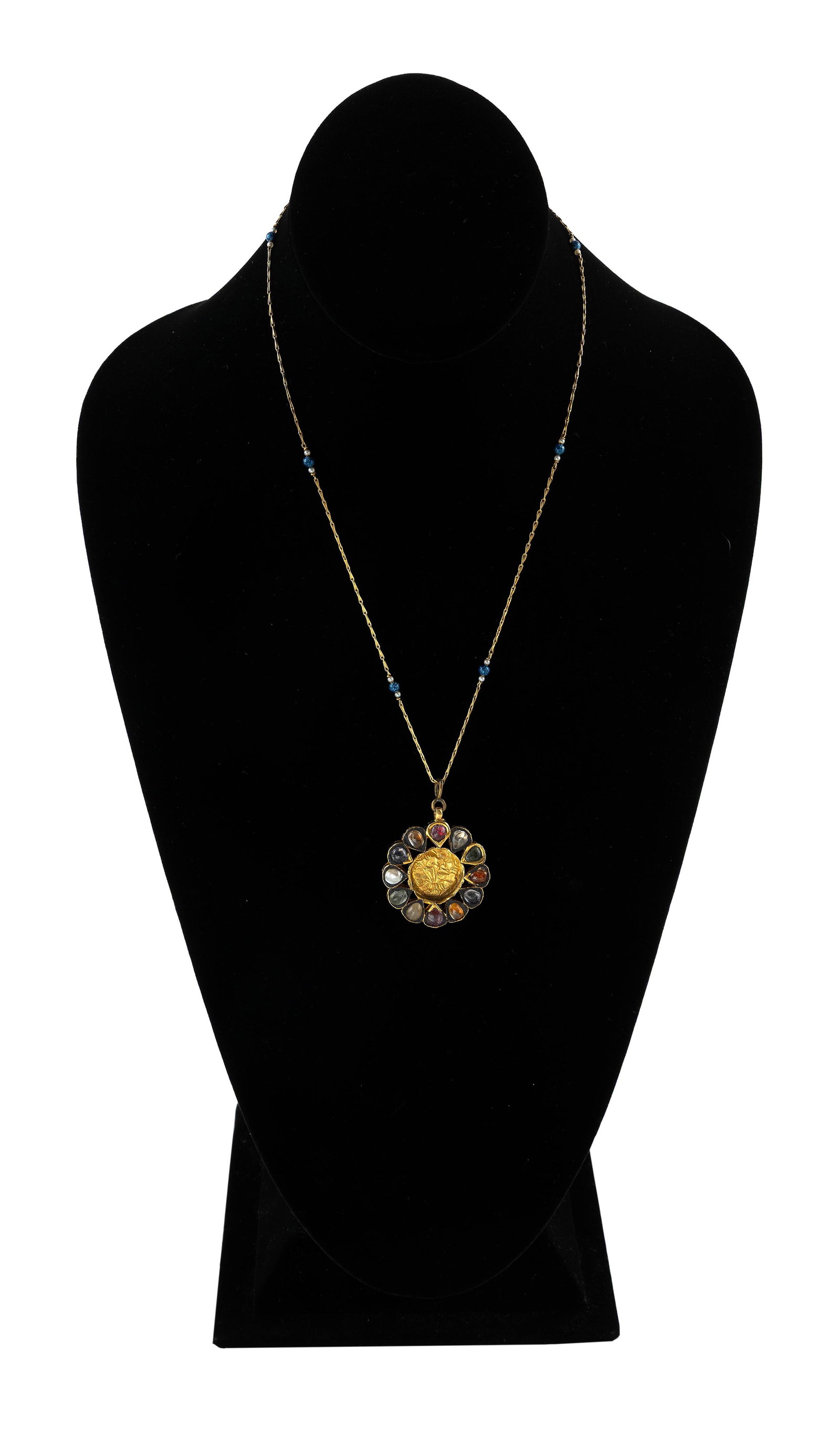 VINTAGE 18KT YELLOW GOLD, ENAMEL AND GEMSTONE PENDANT Approx. 8.0 total dwt.: VINTAGE 18KT YELLOW GOLD, ENAMEL AND GEMSTONE PENDANT Fine link chain with seven round fluted enamel beads and 14 small seed pearls. Back with 12 cabochon gemstones. Stamped. Chain approx. 19". Pendan