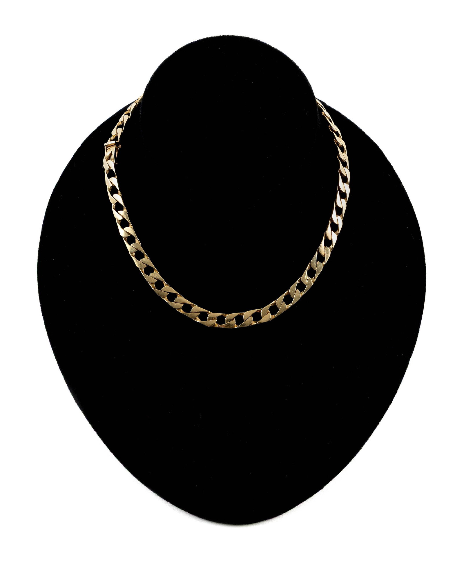 14KT YELLOW GOLD FLEXIBLE LINK NECKLACE Approx. 28.1 total dwt.: 14KT YELLOW GOLD FLEXIBLE LINK NECKLACE Box clasp with fold-over safety. Stamped. Width approx. 7.0mm. Length 14.5". Approx. 28.1 total dwt.