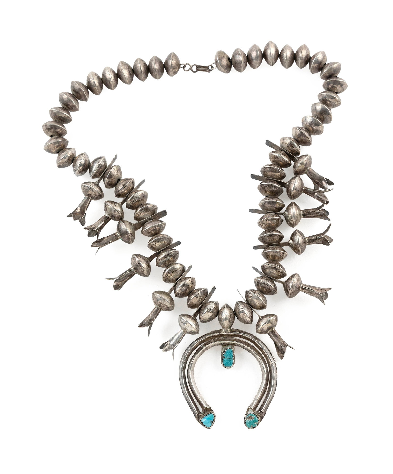 NAVAJO SILVER AND TURQUOISE SQUASH BLOSSOM NECKLACE Third Quarter of the 20th Century Approx. 158 (1 of 1)